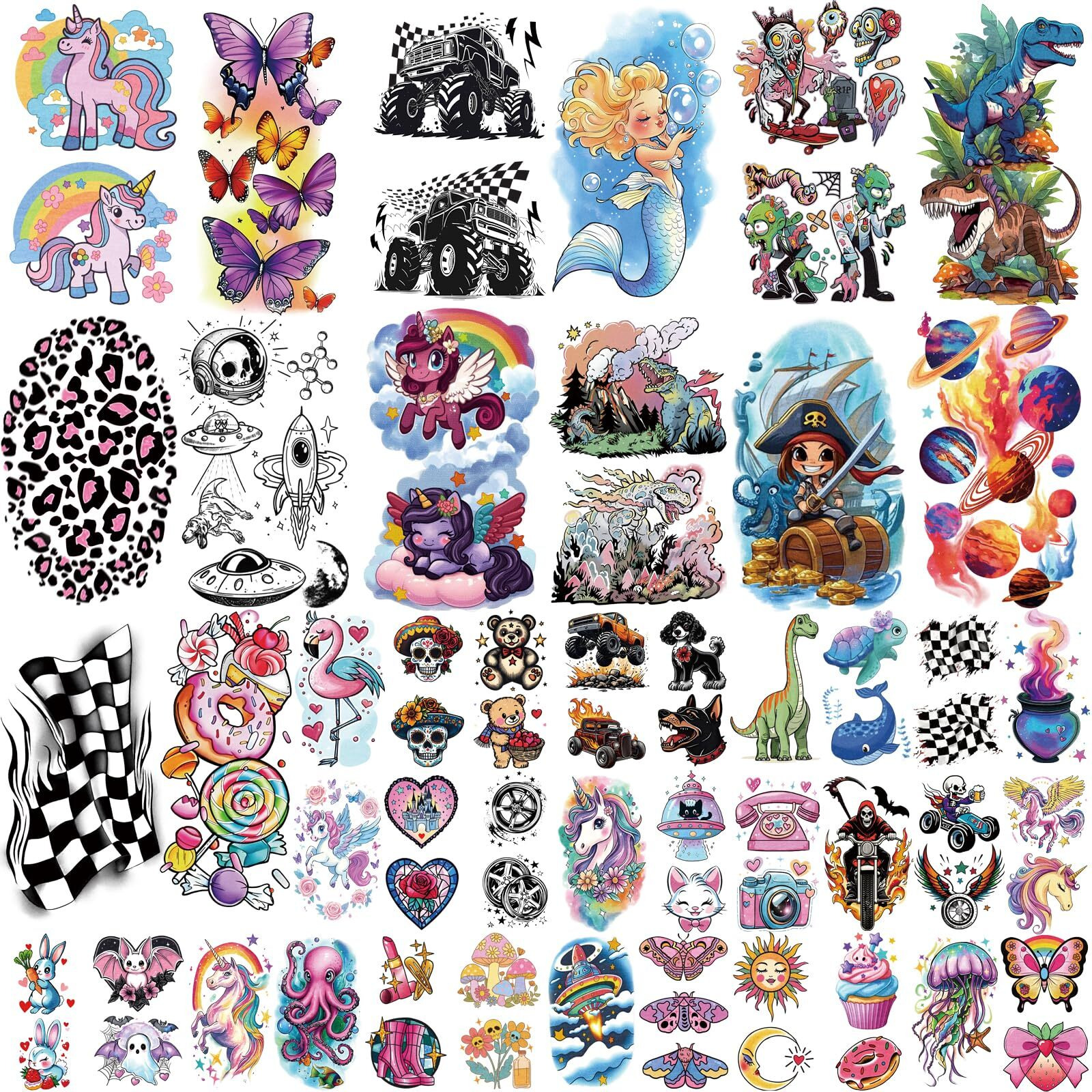 52 Pcs Temporary Tattoo For Kids Full Arm Mermaid Butterfly Cat Truck Dinosaur Rocket Planet Cute Animal Body Face Fake Arm Tattoos For Girls Boys Tiny Tattoo Stickers Birthday Gifts Party Supplies