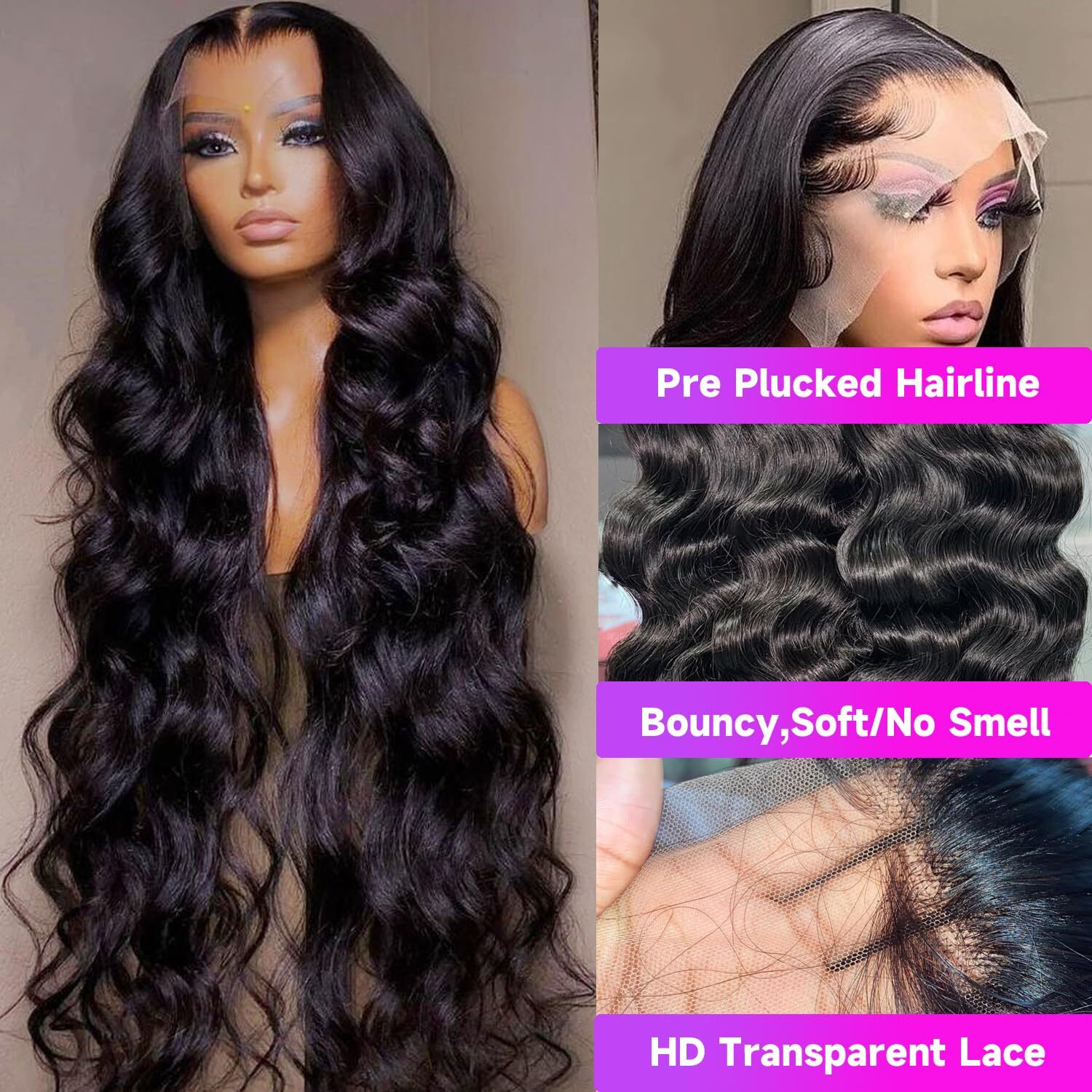 Ultraflower 34 Inch 13X6 Hd Body Wave Lace Front Wigs Human Hair Pre Plucked 200 Density Brazilian Virgin Human Hair Wigs For Women Glueless Lace Frontal Wig Natural Black Body Wave Wig