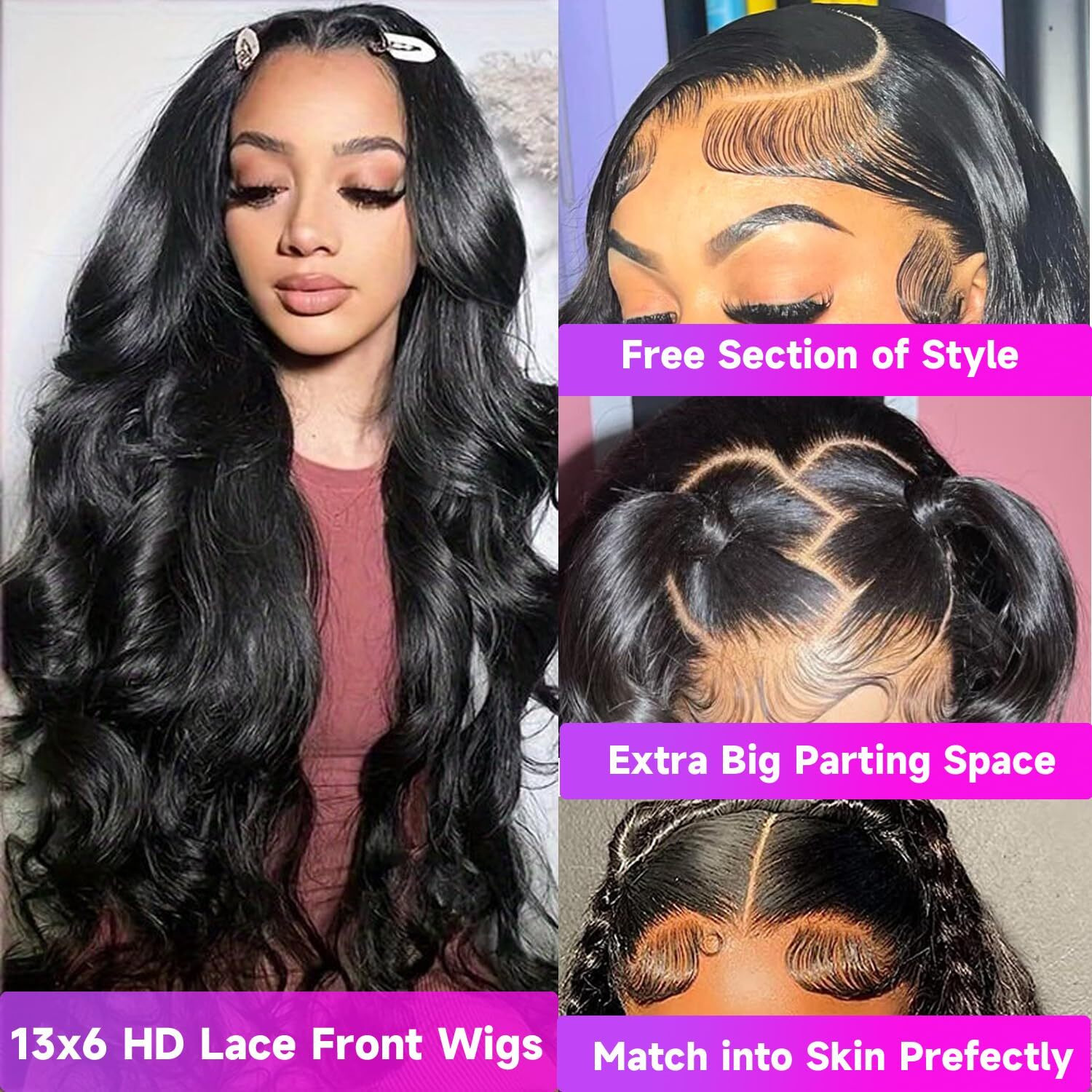 Ultraflower 34 Inch 13X6 Hd Body Wave Lace Front Wigs Human Hair Pre Plucked 200 Density Brazilian Virgin Human Hair Wigs For Women Glueless Lace Frontal Wig Natural Black Body Wave Wig