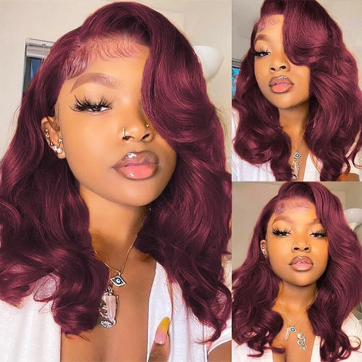 99J Burgundy Bob Wig Human Hair 13X4 Frontal Lace Wig 16 Inch Body Wave Hd Lace Front Wigs Human Hair Pre Plucked 180% Density Glueless Wine Red Bob Wigs For Women (99J Burgundy, 16 Inch)