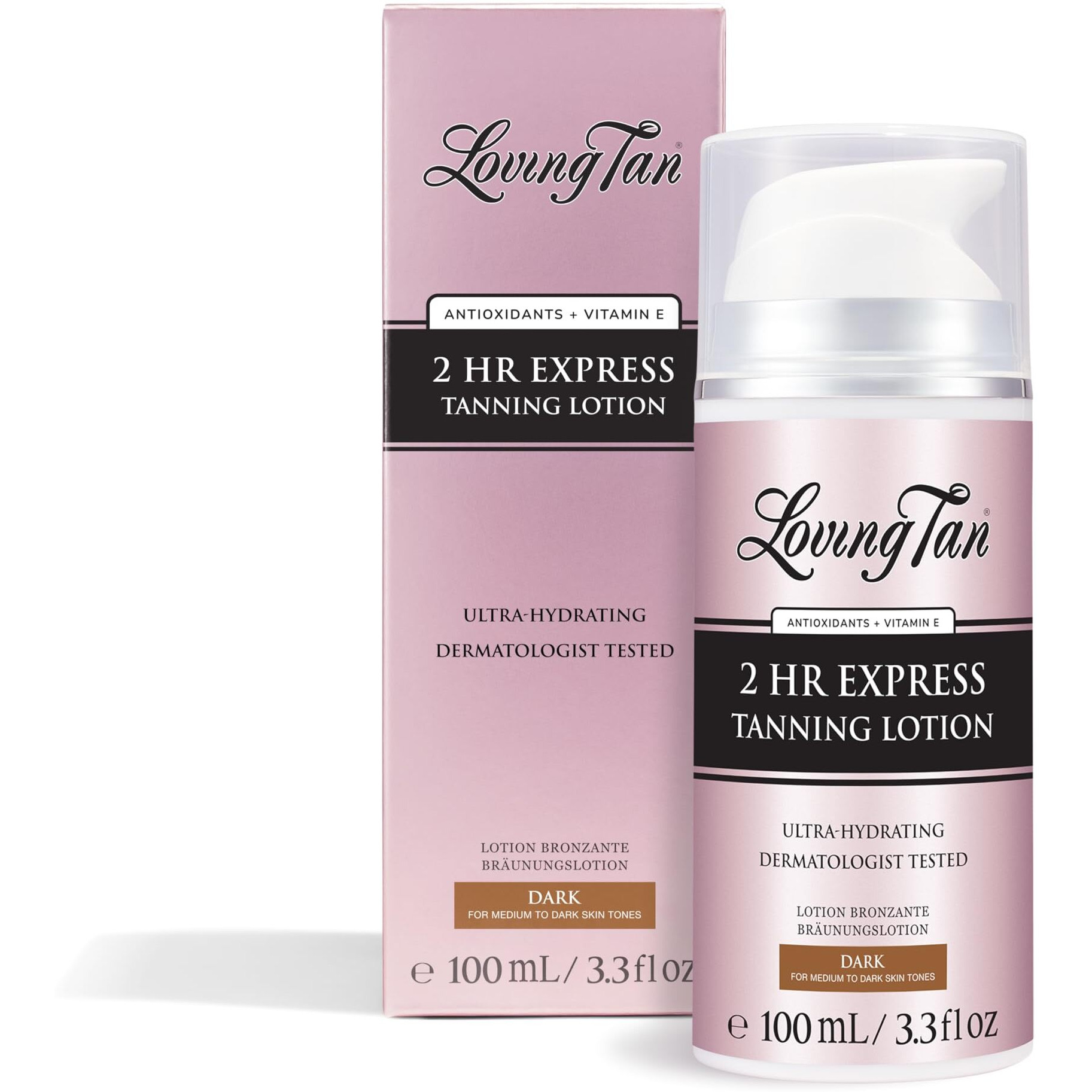 Loving Tan New 2 Hr Express Self Tanning Body Lotion, Dark - Hydrating Natural-Looking Glow Sunless Self Tanner, Streak-Free, Dermatologist Tested, Lightweight, Vegan And Cruelty-Free - 3.3 Fl Oz