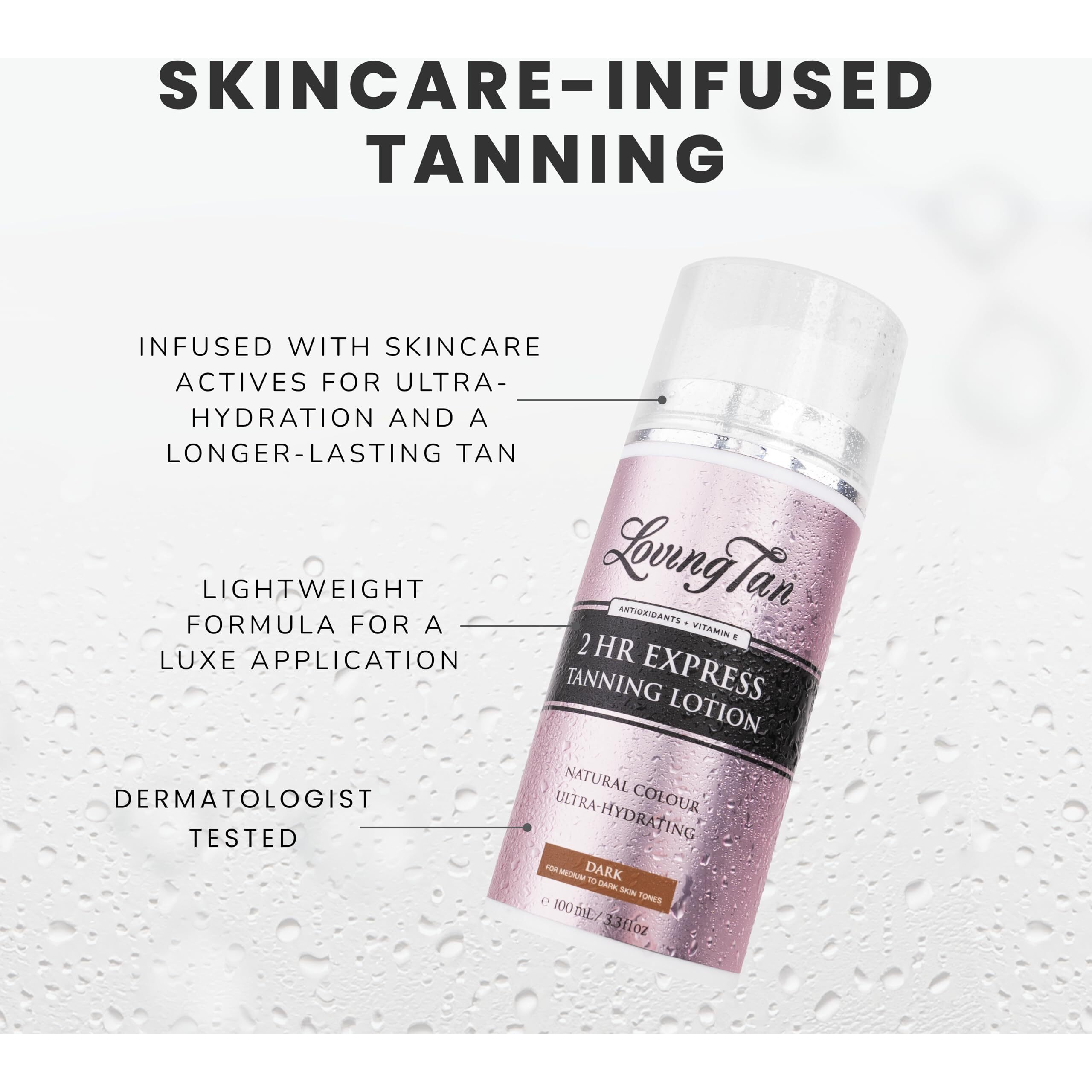 Loving Tan New 2 Hr Express Self Tanning Body Lotion, Dark - Hydrating Natural-Looking Glow Sunless Self Tanner, Streak-Free, Dermatologist Tested, Lightweight, Vegan And Cruelty-Free - 3.3 Fl Oz