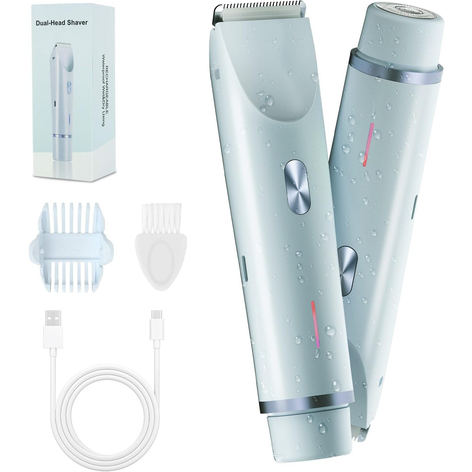 2-In-1 Bikini Trimmer And Shaver Kit For Women, Electric Body Hair Trimmer Facial Hair Removal Cordless Bikini Shaver Razor For Face Lip Chin Pubic Underarm Legs, Blue