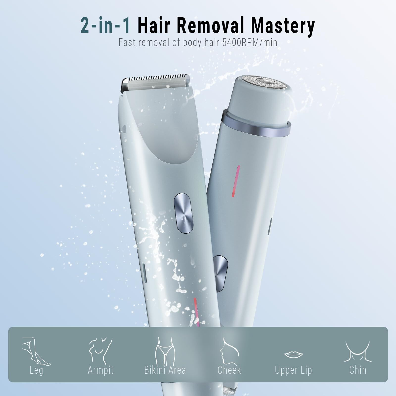 2-In-1 Bikini Trimmer And Shaver Kit For Women, Electric Body Hair Trimmer Facial Hair Removal Cordless Bikini Shaver Razor For Face Lip Chin Pubic Underarm Legs, Blue