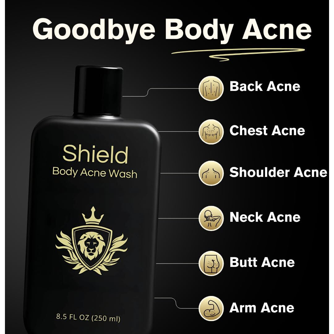 Shield Body Acne Wash For Men And Boys - Unscented Back & Chest Cleanser, Clears Acne & Breakouts, 8.5 Oz