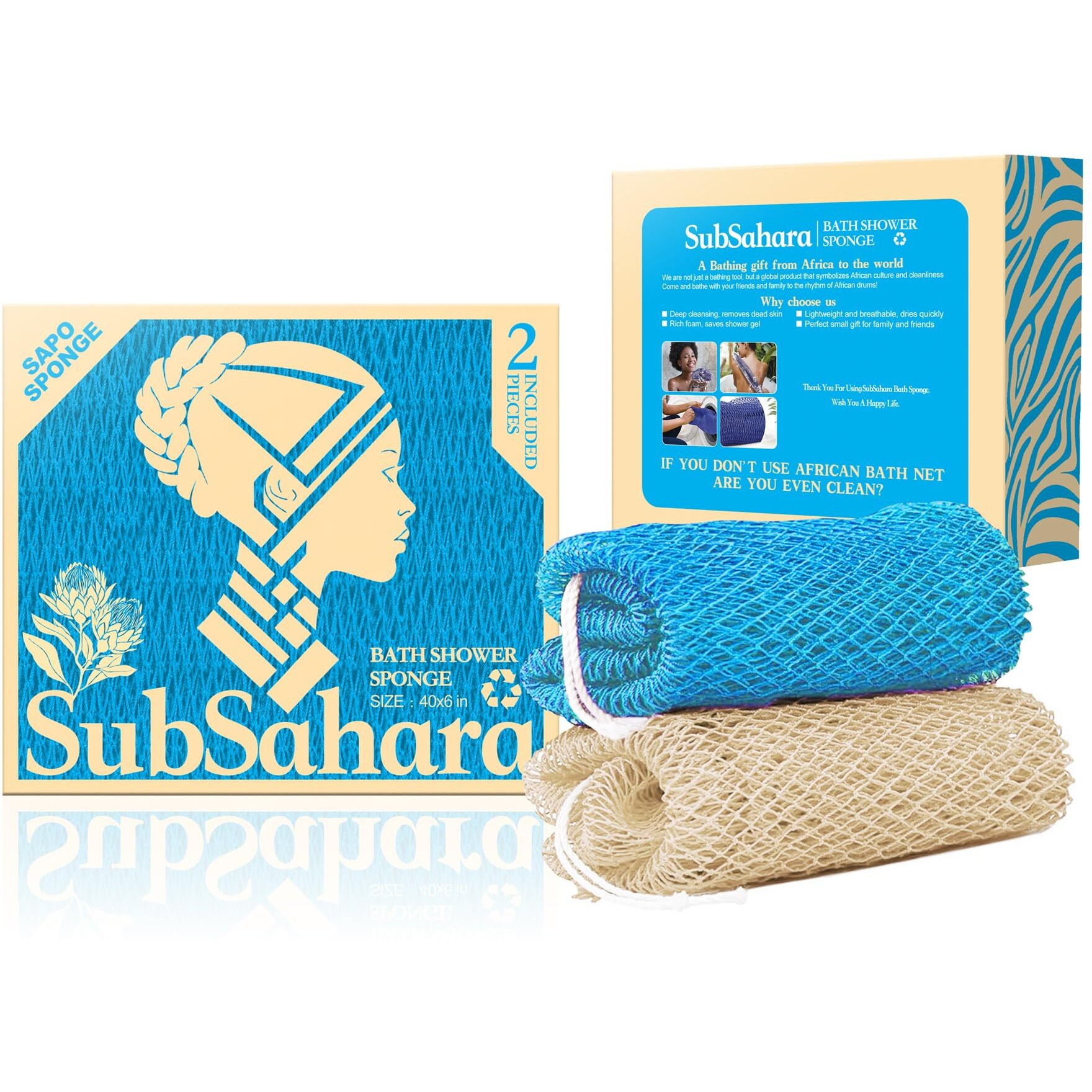 Subsahara Authentic African Net Sponge - 2 Pieces Exfoliating Scrubber For All Skin Types, Bath Sponge For Face & Body, Travel Portable, Durable, Gentle Exfoliation (Linen & Sky Blue)