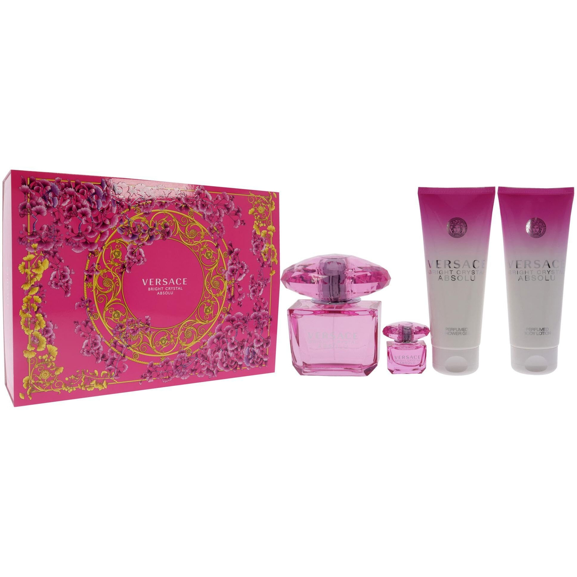 Versace Bright Crystal Absolu By Versace For Women - 4 Pc Gift Set 3Oz Edp Spray,5Ml Edp Spray Mini,3.4Oz Shower Gel,3.4Oz Body Lotion