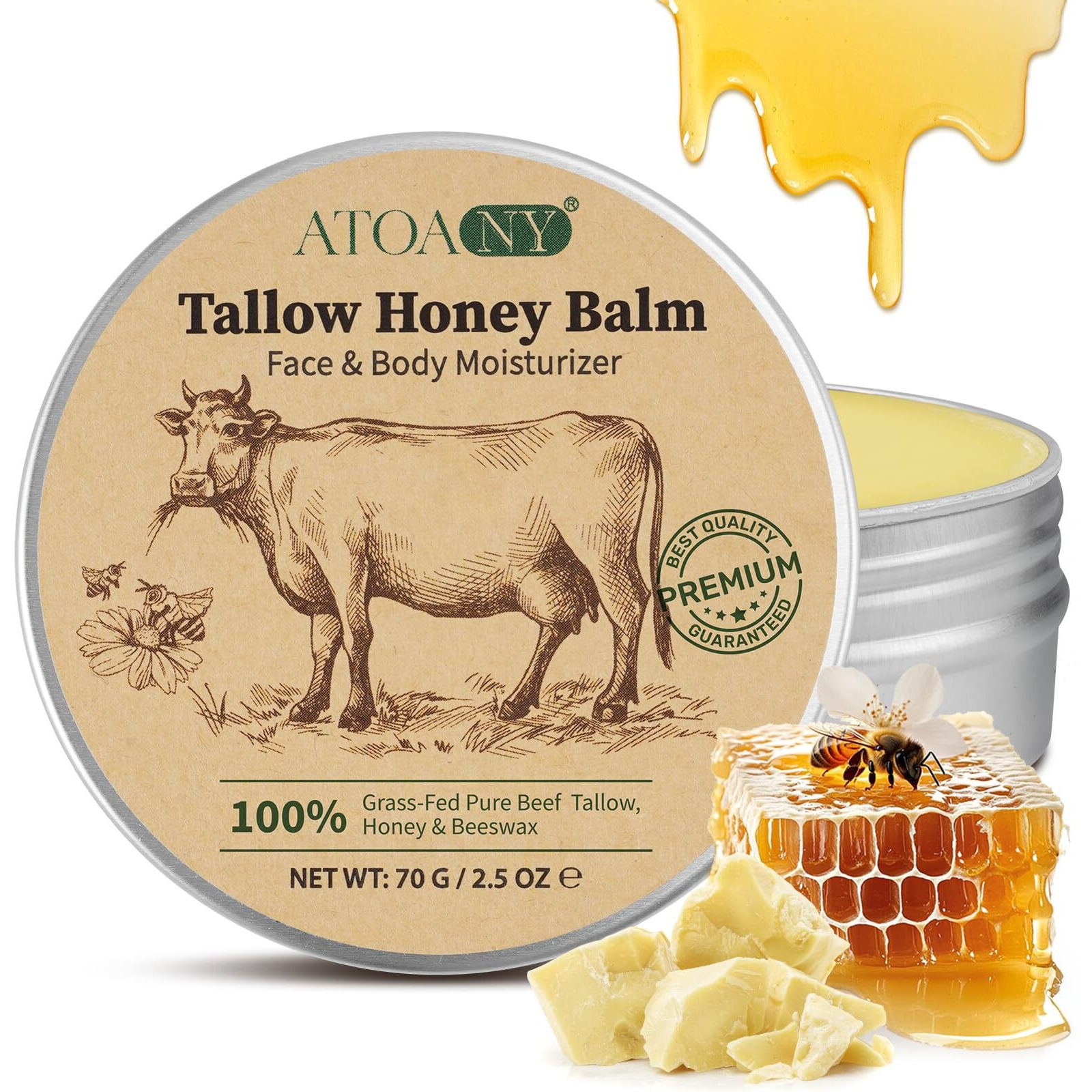 Nifeishi Beef Tallow For Skin, Tallow And Honey Balm, Beef Tallow For Face With Raw Honey And Beeswax, Natural Organic Grass-Fed Beef Tallow Moisturizing Cream For Body Lotion Skin Care
