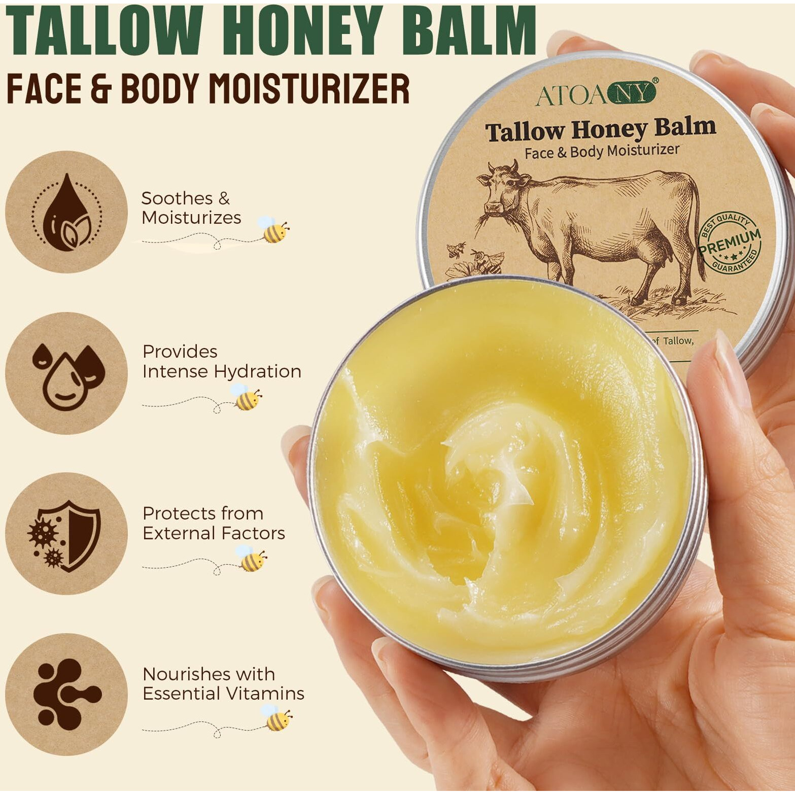 Nifeishi Beef Tallow For Skin, Tallow And Honey Balm, Beef Tallow For Face With Raw Honey And Beeswax, Natural Organic Grass-Fed Beef Tallow Moisturizing Cream For Body Lotion Skin Care