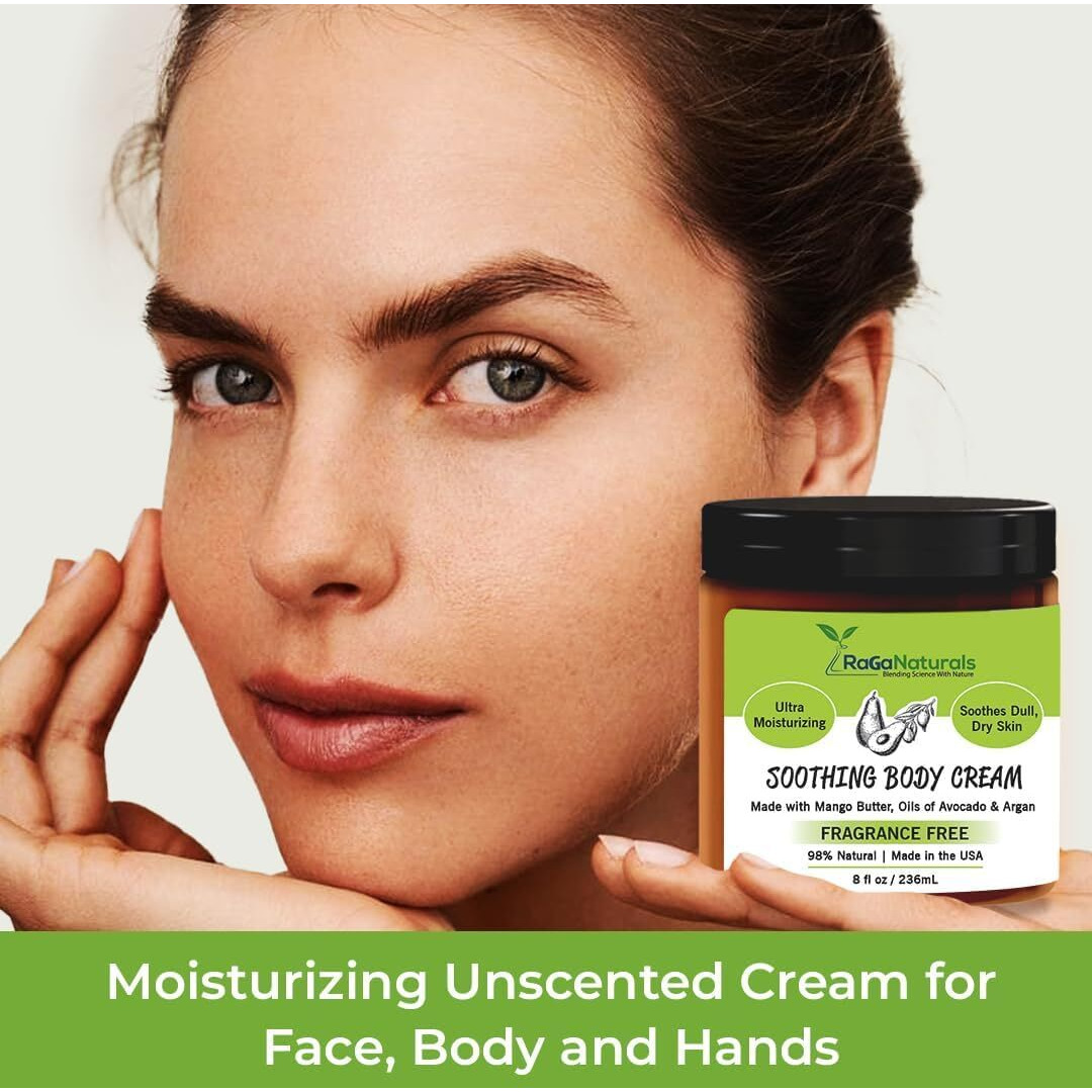 Raganaturals Natural Moisturizing Cream - Body & Face Moisturizer For Dry To Very Dry, Sensitive Skin - Unscented Body Cream With Vitamin E & Avocado, Argan Oil - Non-Comedogenic, Fragrance Free -8 Oz