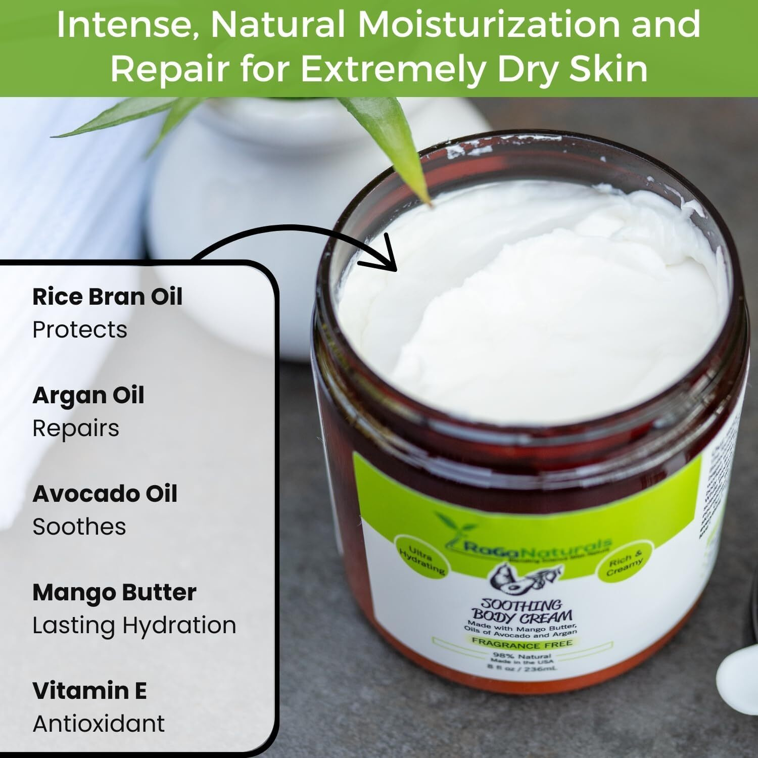 Raganaturals Natural Moisturizing Cream - Body & Face Moisturizer For Dry To Very Dry, Sensitive Skin - Unscented Body Cream With Vitamin E & Avocado, Argan Oil - Non-Comedogenic, Fragrance Free -8 Oz