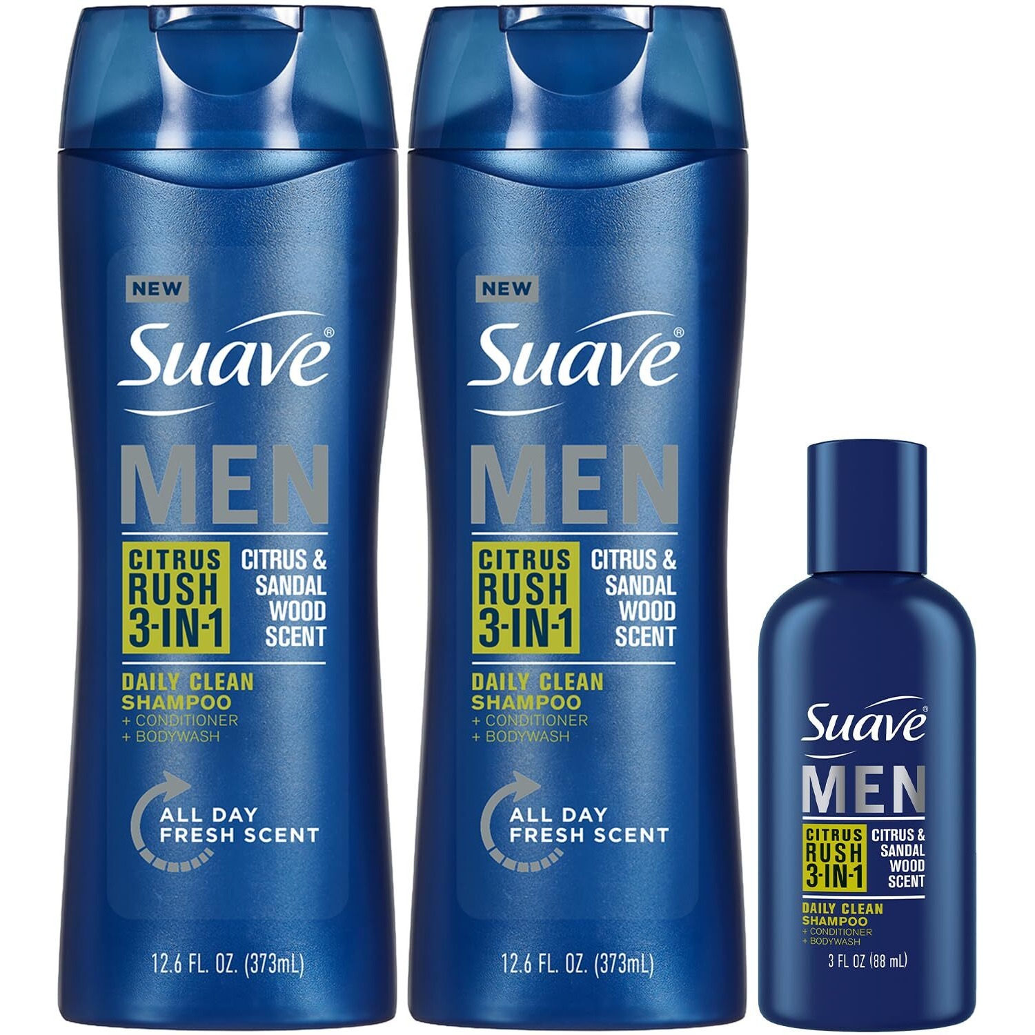 Suave Body Wash, Shampoo & Conditioner 3-In-1 For Men, Citrus Rush Bundle, Full-Size Twin Pack + 1 Travel-Size (3 Piece Set)