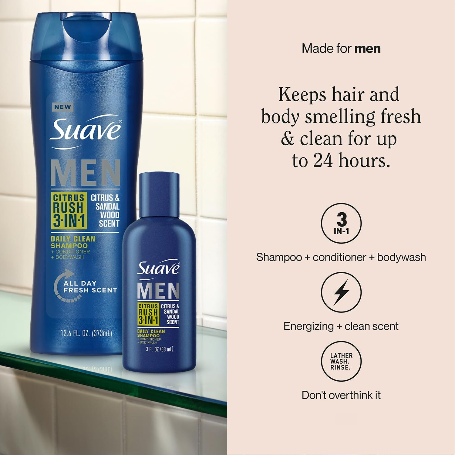 Suave Body Wash, Shampoo & Conditioner 3-In-1 For Men, Citrus Rush Bundle, Full-Size Twin Pack + 1 Travel-Size (3 Piece Set)