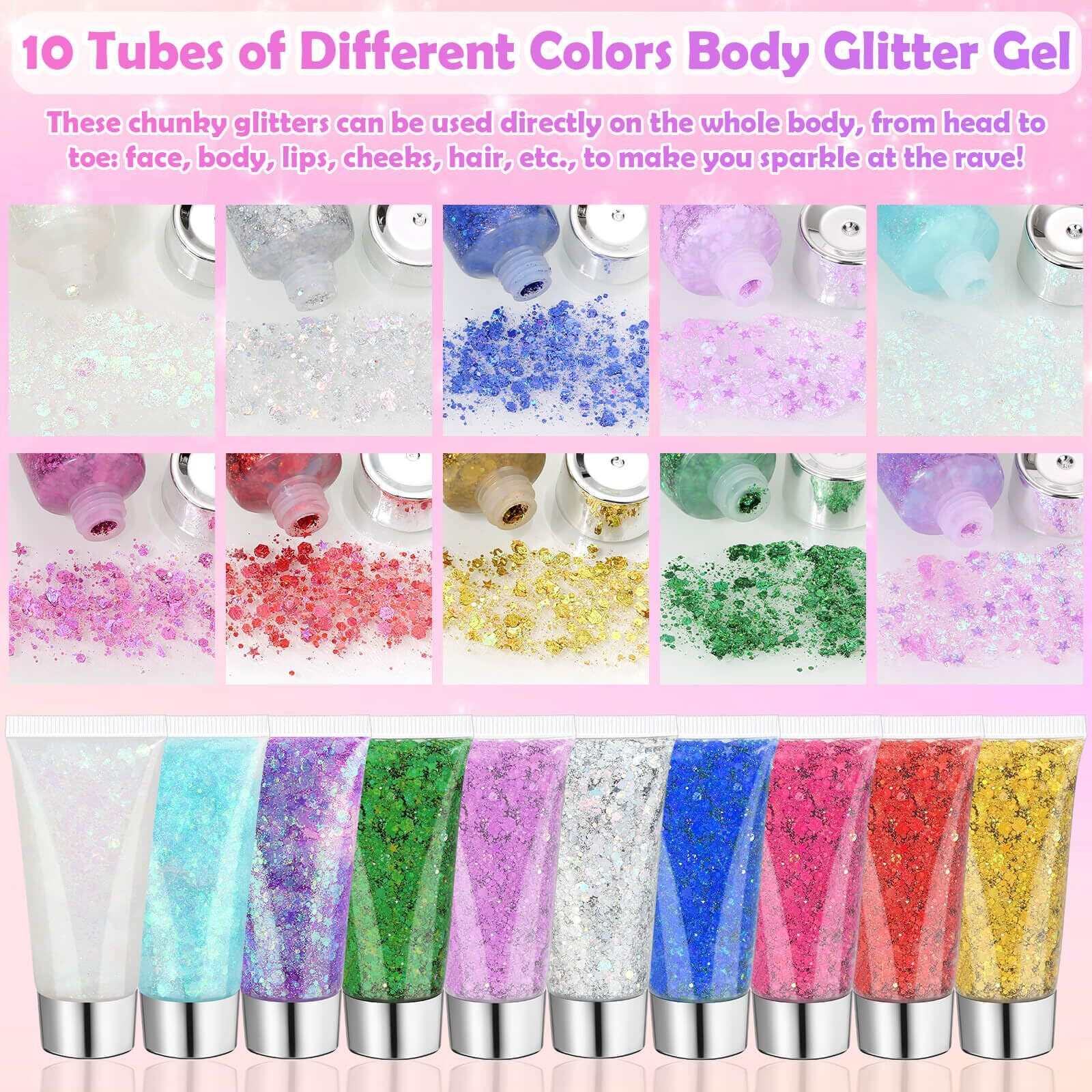10 Colors Body Face Glitter Gel For Skin And Hair, Makeup Sparkles Rave Accessories For Festival Outfits, Mermaid Decorations, Disco Cowgirl, Mardi Gras