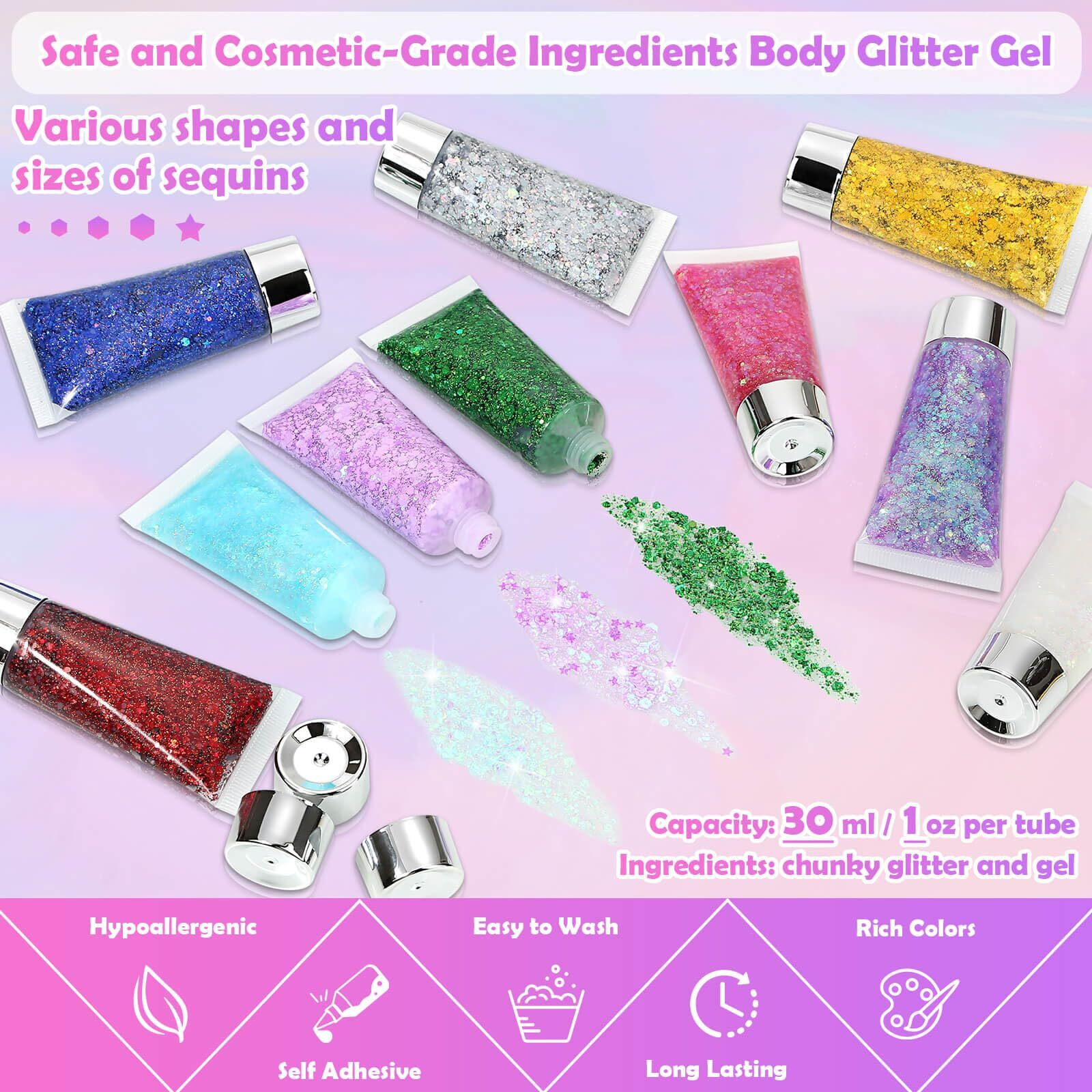10 Colors Body Face Glitter Gel For Skin And Hair, Makeup Sparkles Rave Accessories For Festival Outfits, Mermaid Decorations, Disco Cowgirl, Mardi Gras