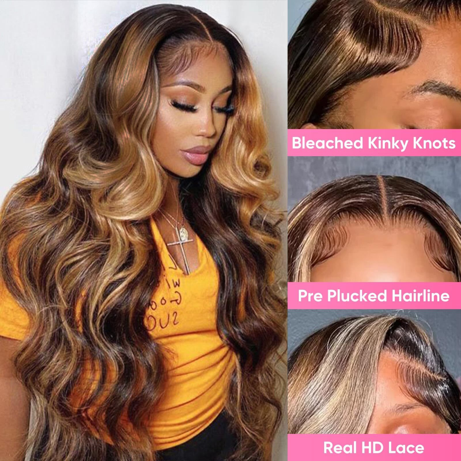 Sftnmeh 30 Inch Highlight Ombre 13X6 Lace Front Wig Human Hair 210 Density Body Wave Honey Blonde Glueless Hd Transparent Lace Frontal Wigs For Women 4/27 Colored