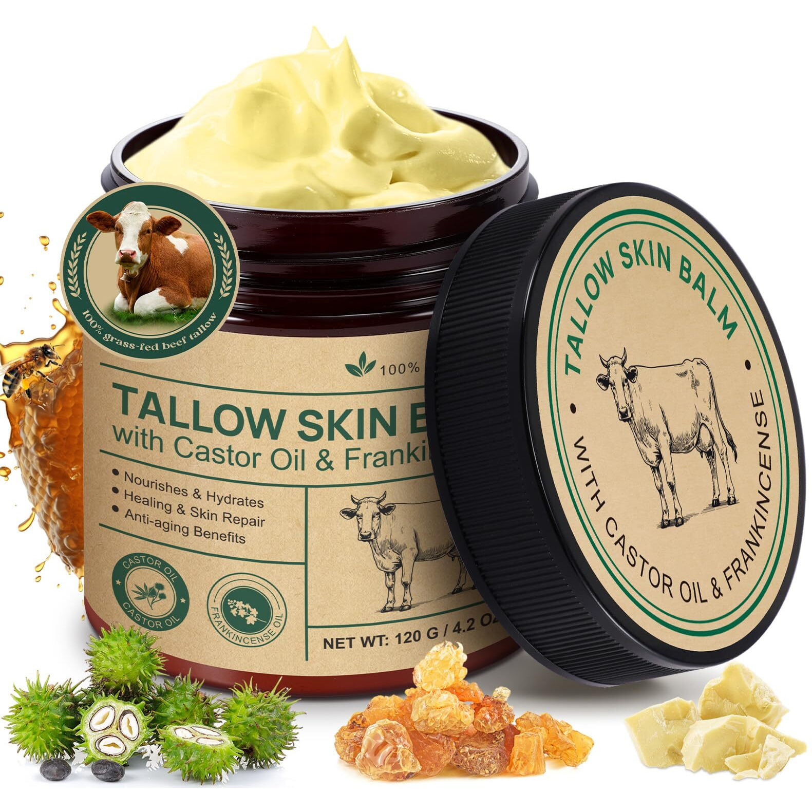 Beef Tallow Balm With Frankincense And Castor Oil 4.2 Fl.Oz, 100% Grass-Fed Tallow For Skin Care, Face & Body Moisturizer For Skin Hydrating & Nourishing, Sensitive Skin & Dry Skin Age Defying