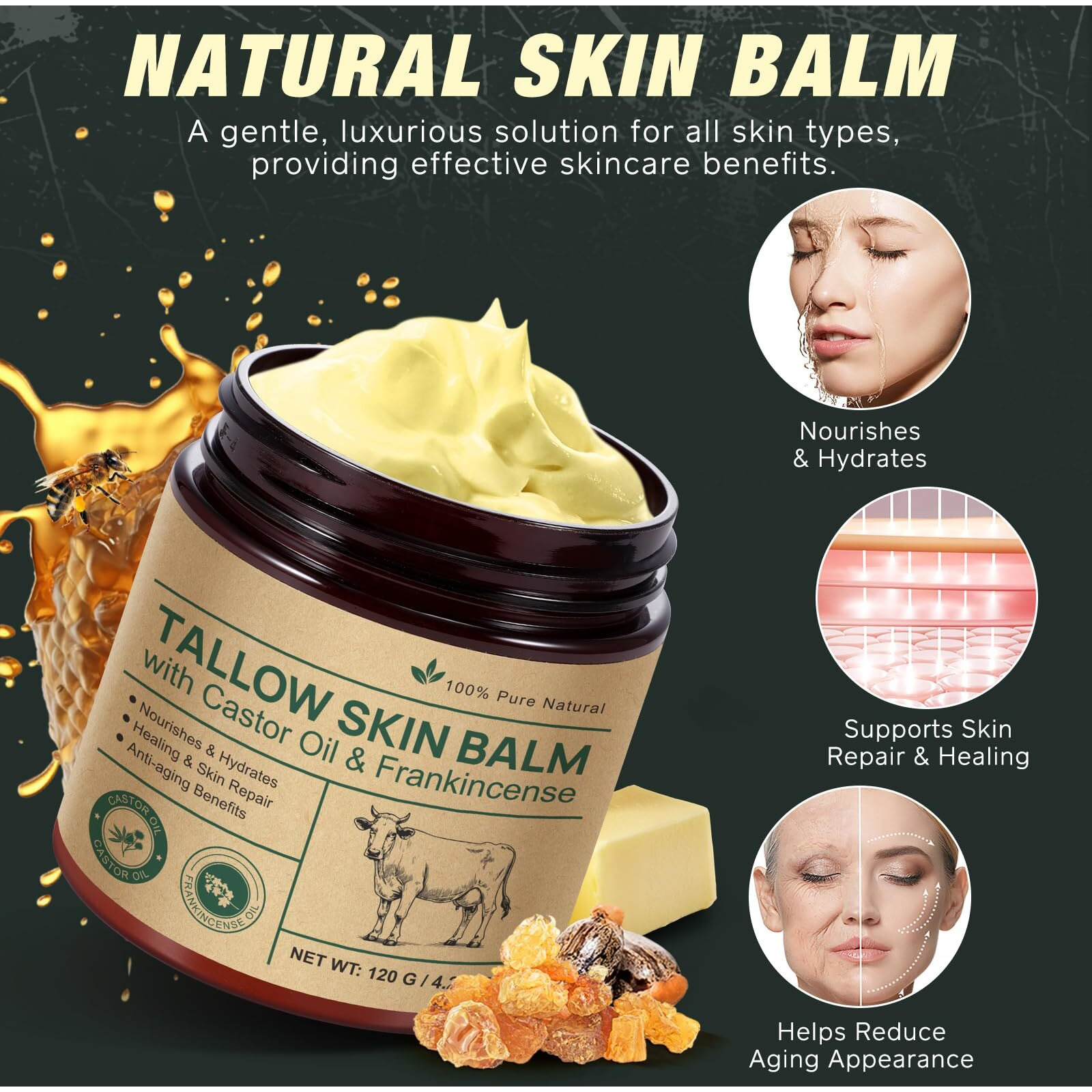 Beef Tallow Balm With Frankincense And Castor Oil 4.2 Fl.Oz, 100% Grass-Fed Tallow For Skin Care, Face & Body Moisturizer For Skin Hydrating & Nourishing, Sensitive Skin & Dry Skin Age Defying