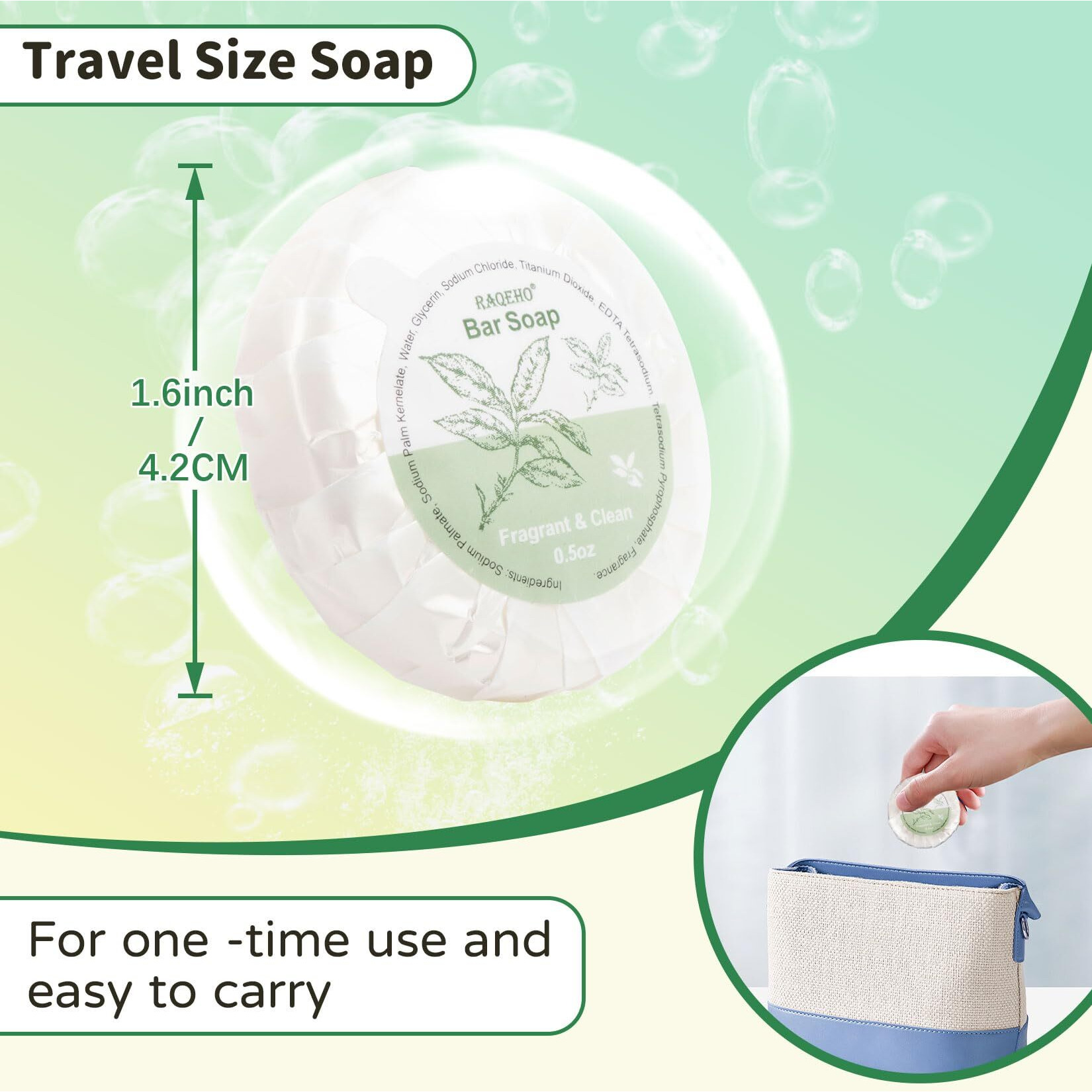 Raqeho 52 Mini Bar Soap Bulk - Travel Soap Individually Wrapped Body Bath Gentle Soap Bars Men Women Travel Size Toiletries For Homeless Hotel Essentials For Guest Bathroom Airbnb(Green Tea)