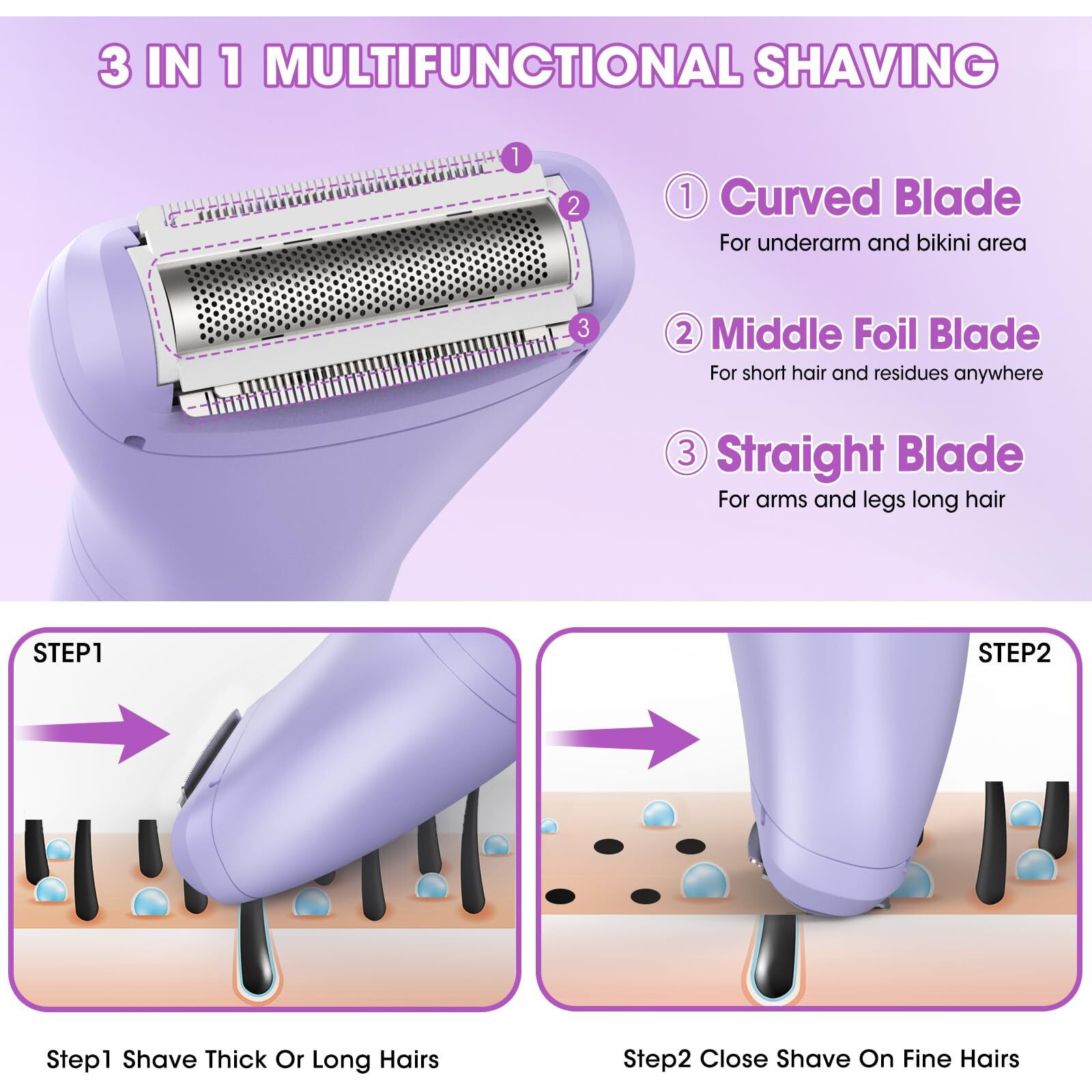 Bikini Trimmer Electric Razors For Women,3 In 1 Body Hair Removal Kit For Face,Pubic,Arm, Leg, Armpit, Bikini Trimmer,Painless Ipx6 Waterproof Rechargeable Portable Lady Shavers Wet & Dry Gifts