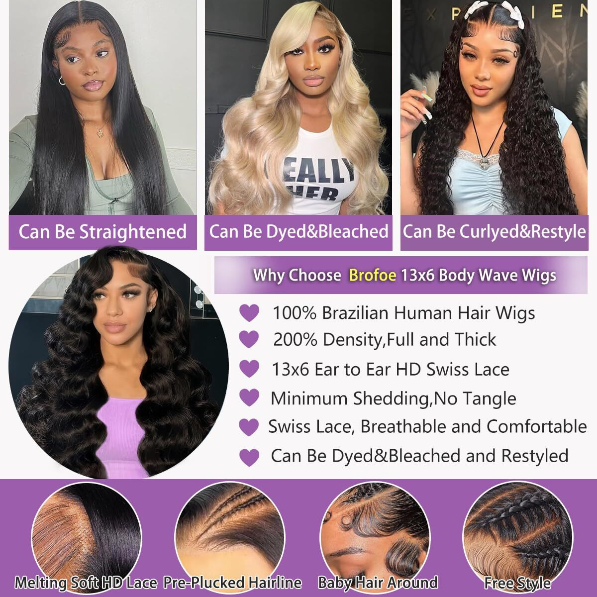 Brofoe 13X6 Lace Front Wigs Human Hair 200 Density Body Wave Hd Lace Front Wigs Human Hair Pre Plucked Natural Color Glueless Wigs For Women 26 Inch
