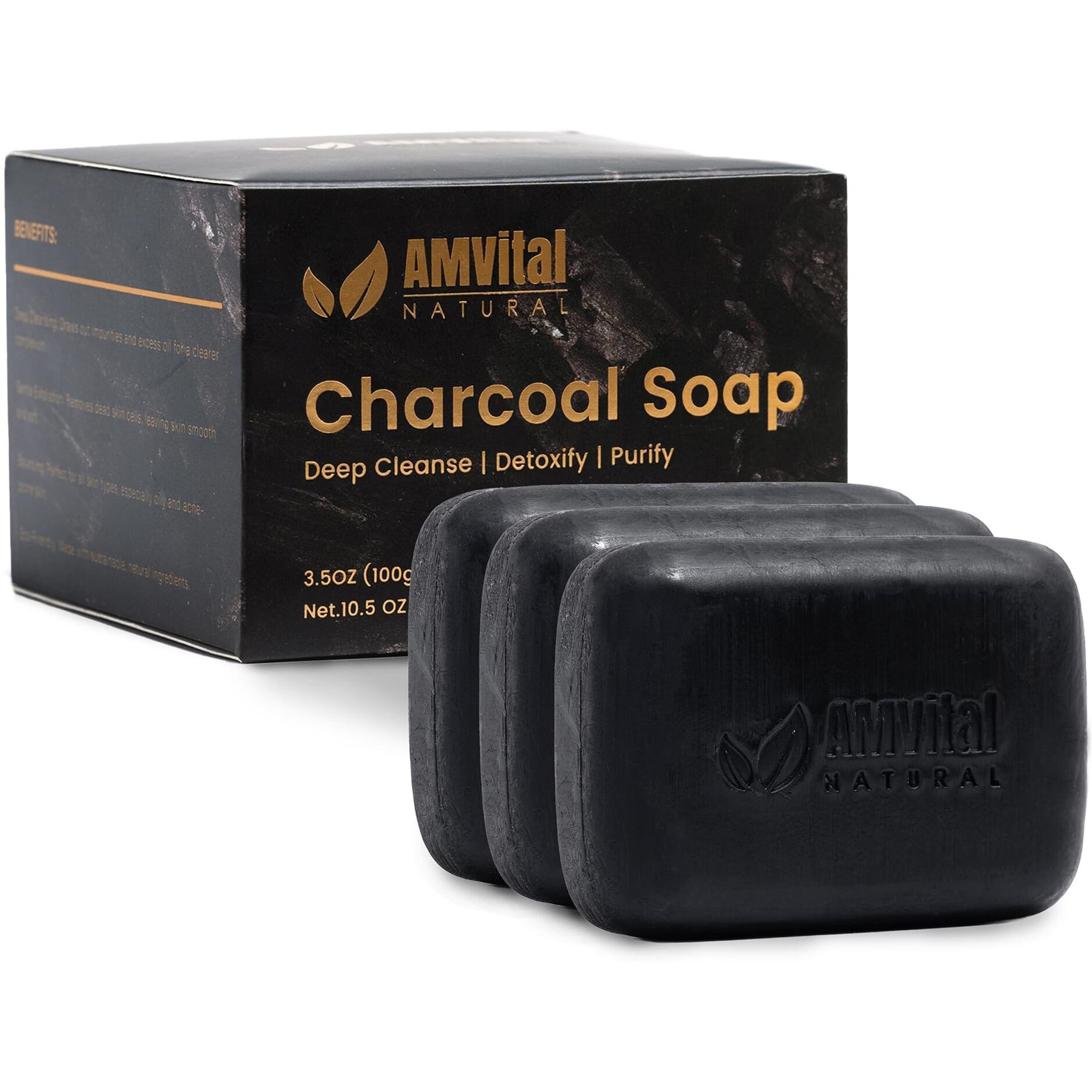 Amvital Natural Charcoal Soap Bar Set - 3-Pack Plant-Based Face & Body Soap For Daily Use - Deep-Cleansing Bar Soap For All Skin Types - Vegan Gift Set For Men & Women