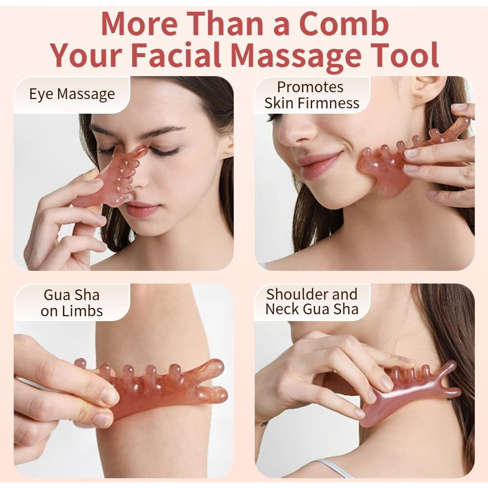 4-In-1 Massage Comb Pink Gua Sha Facial Tools Head Massage Combs Neck Body Face Eye Massager Tool For Body Tension Relief Promote Lymphatic Circulation Gifts For Women Men