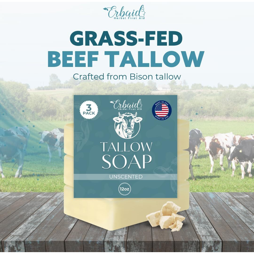 Beef Tallow Soap Bar - All Natural Grass Fed Tallow Soap Unscented - Moisturizing Face & Body Wash Great For Eczema, Dry, Itchy, Sensitive Skin - Handcrafted Bath Soap For Adults, Kids, Made In Usa