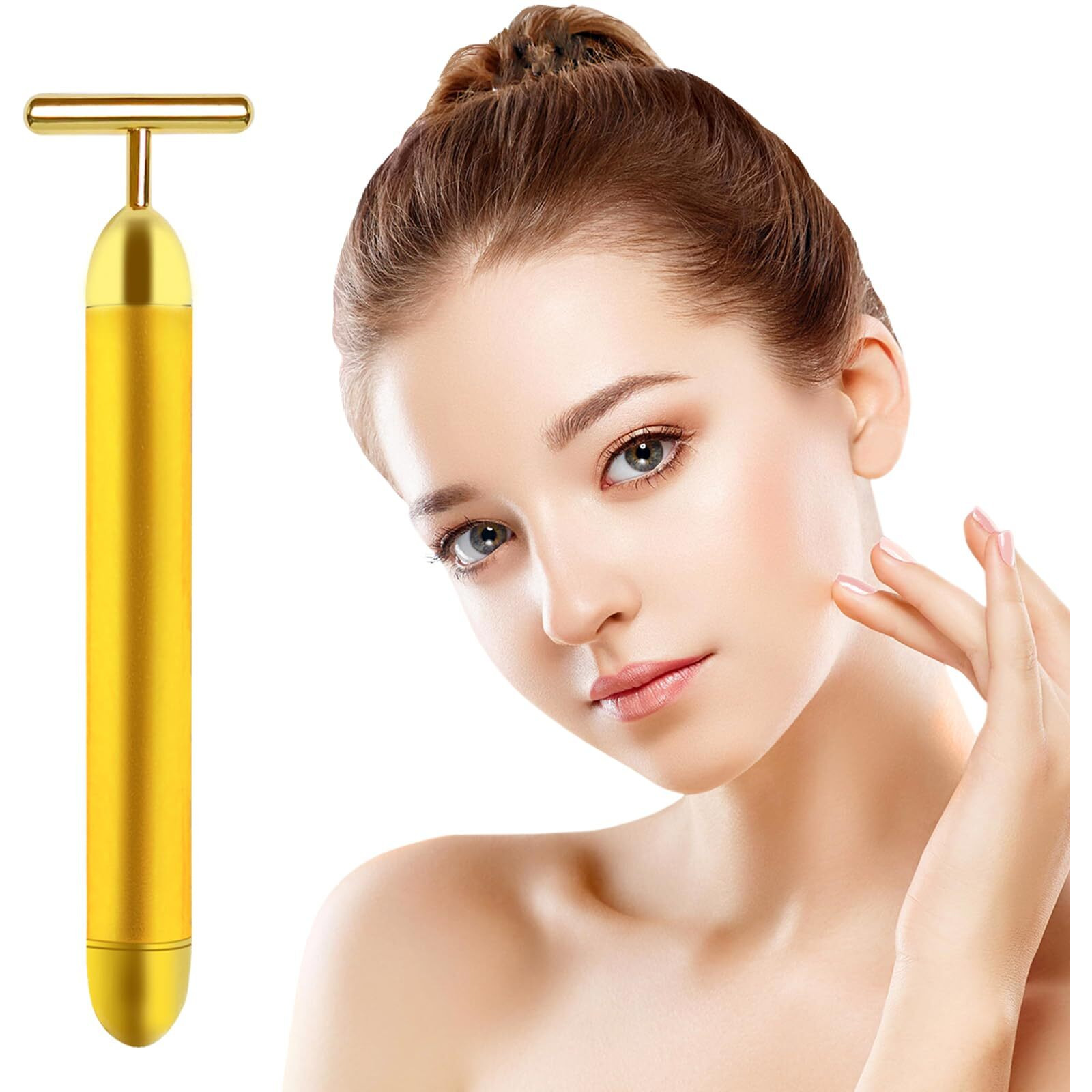 Aubric Face Massager Electric Beauty Bar 24K Golden Facial Massage Tool, T-Shape Electric Vibrating Wand Face Neck Skin Firming Lifting Tighting Wrinkles Reducing Body Treatment Anti Aging Device