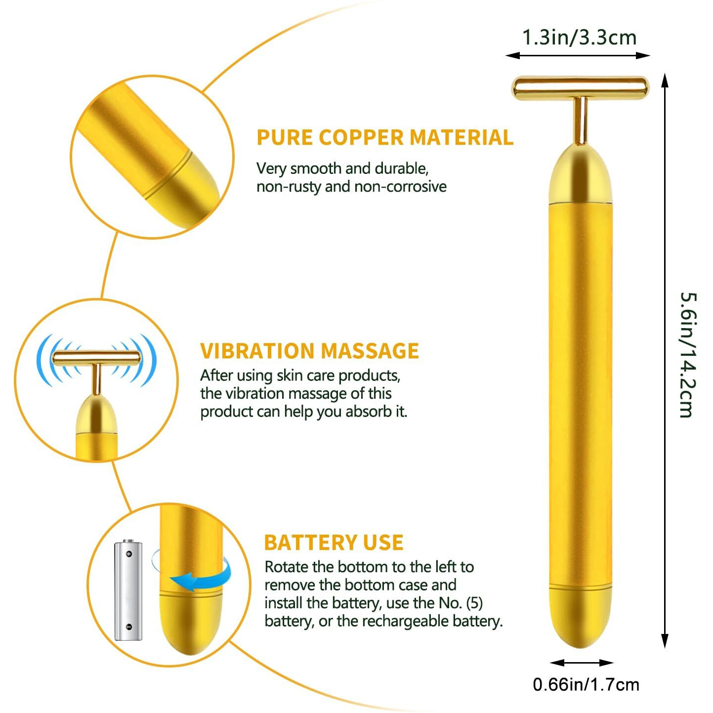 Aubric Face Massager Electric Beauty Bar 24K Golden Facial Massage Tool, T-Shape Electric Vibrating Wand Face Neck Skin Firming Lifting Tighting Wrinkles Reducing Body Treatment Anti Aging Device