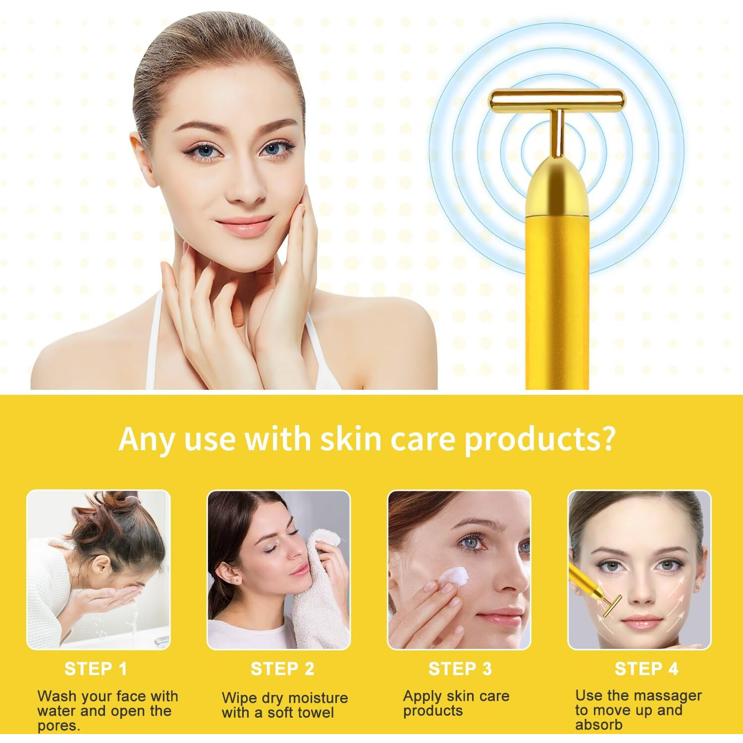 Aubric Face Massager Electric Beauty Bar 24K Golden Facial Massage Tool, T-Shape Electric Vibrating Wand Face Neck Skin Firming Lifting Tighting Wrinkles Reducing Body Treatment Anti Aging Device