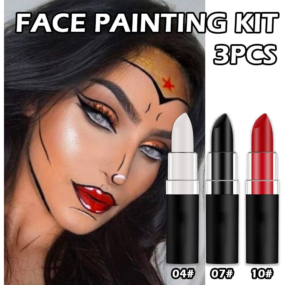 Kaely 3Pcs Face Paint Stick,Pro Eye Black Stick Baseball Football Softball,Easy To Color,Black White Red Matte Lipstick Face Body Paint Set,Halloween Birthday Party Clown Makeup Sets