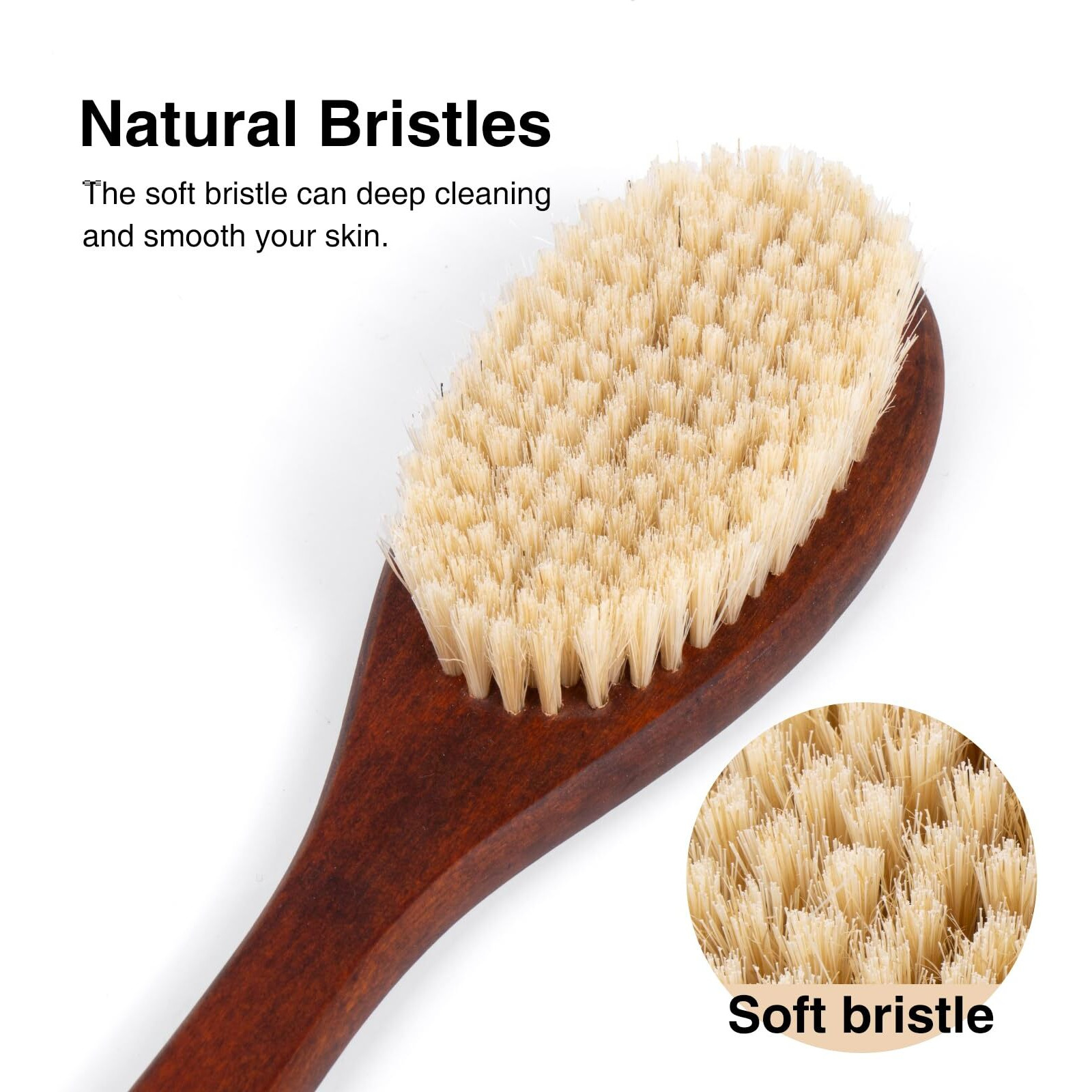 Wooden Bath Brush With Gentle Bristles Long Handle For Shower Back Scrubber Body Exfoliator (Gental Boar Bristle)