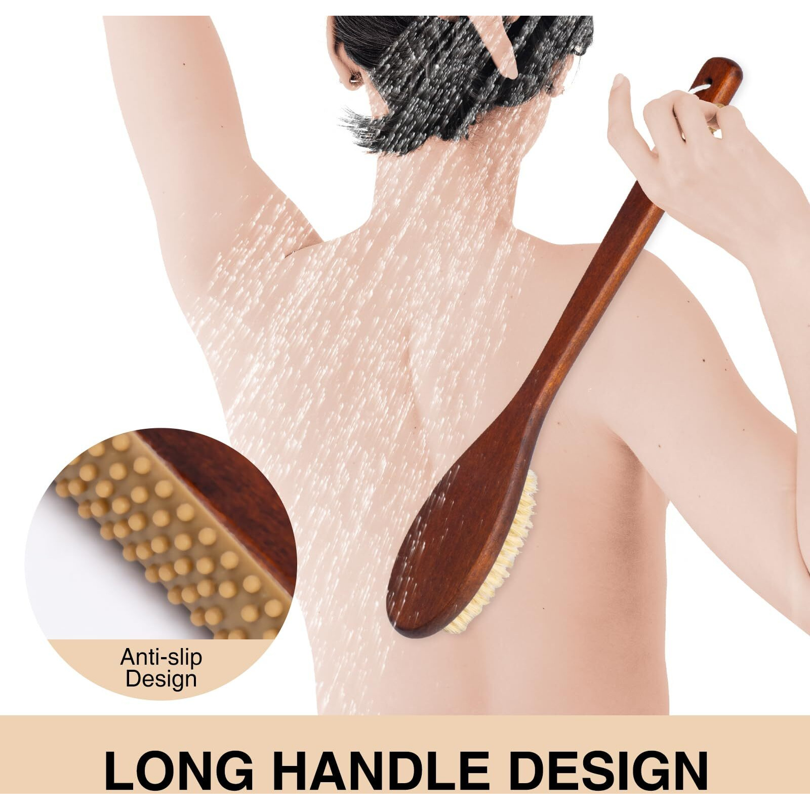 Wooden Bath Brush With Gentle Bristles Long Handle For Shower Back Scrubber Body Exfoliator (Gental Boar Bristle)