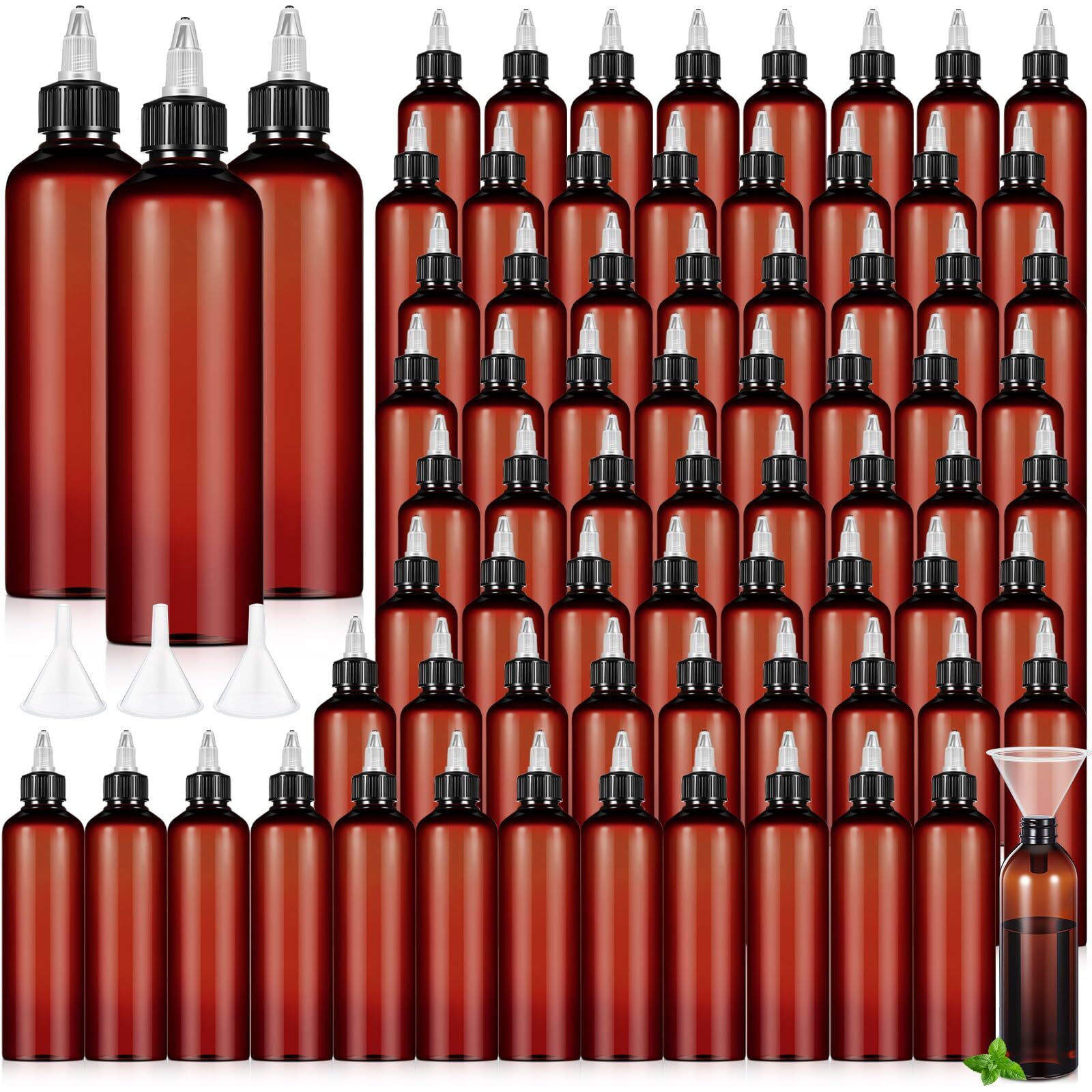 Barydat 72 Pcs 8 Oz Squeeze Bottle Twist Top Applicator Bottles Empty Hair Oil Bottle With Funnels Refillable Amber Plastic Bottles For Liquid Hair Oil Shampoo Lotion