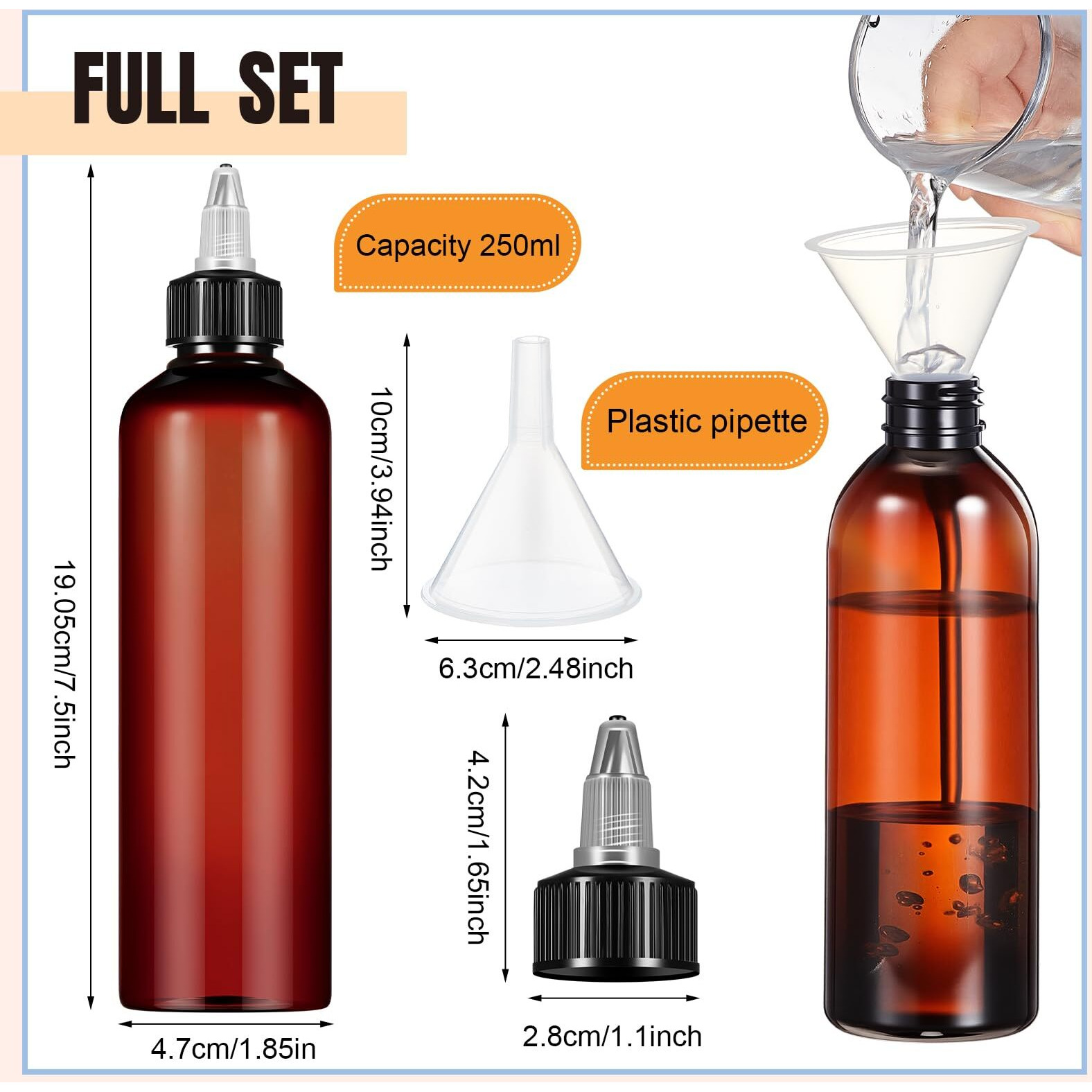 Barydat 72 Pcs 8 Oz Squeeze Bottle Twist Top Applicator Bottles Empty Hair Oil Bottle With Funnels Refillable Amber Plastic Bottles For Liquid Hair Oil Shampoo Lotion
