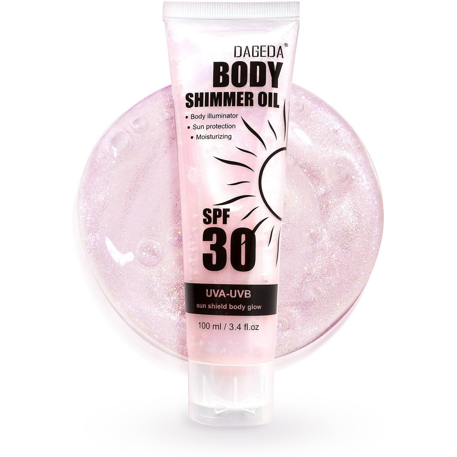 Dageda Body Glow Oil, Spf 30 Broad Spectrum Glitter Sunscreen, Lightweight, Non-Sticky Sunscreen Body Shimmer, Sun Protection With Centella Asiatica Extract, Uva/Uvb Protection, Rose 3.4 Fl.Oz