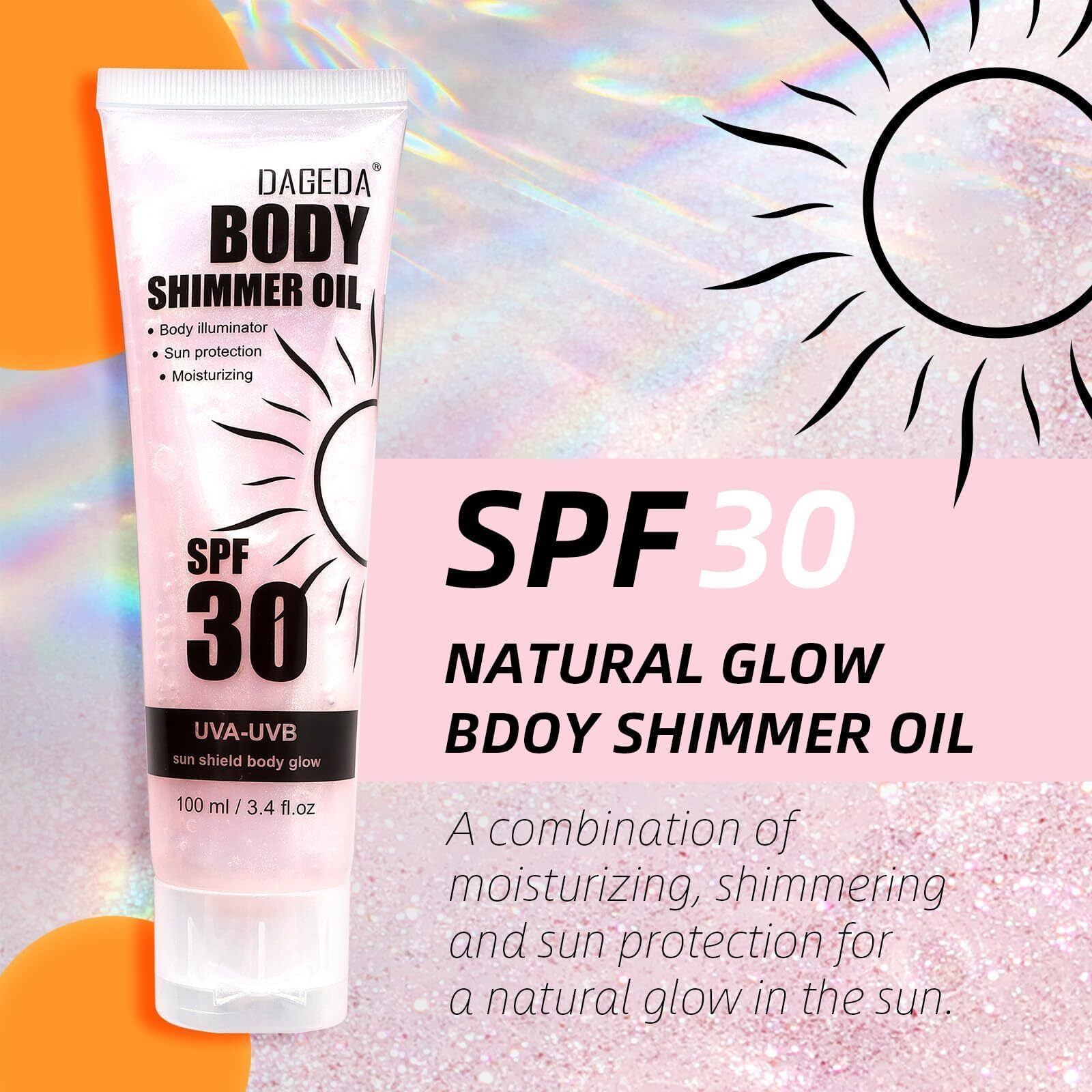 Dageda Body Glow Oil, Spf 30 Broad Spectrum Glitter Sunscreen, Lightweight, Non-Sticky Sunscreen Body Shimmer, Sun Protection With Centella Asiatica Extract, Uva/Uvb Protection, Rose 3.4 Fl.Oz