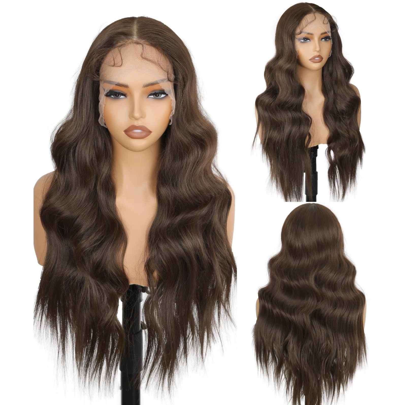 Sisicloud 13X4 Synthetic Lace Front Wig Long Wavy Dark Brown Wig With Realistic Hairline 26 Inch Pre Plucked Body Wave Lace Wig For Daily Party Use