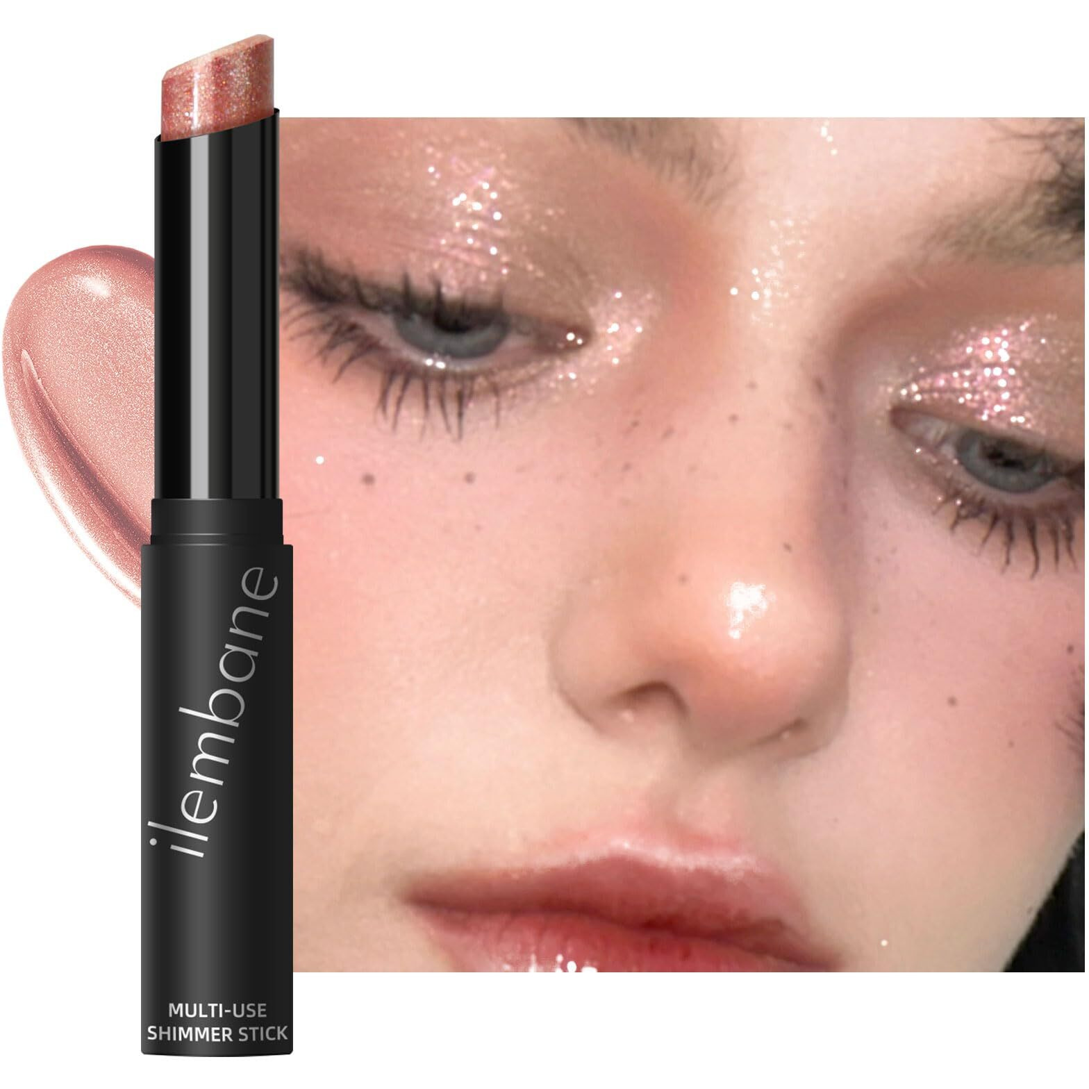 Shimmer Stick For Eyes, Lips, Face And Body Cream Highlight Eyeshadow, Multi-Use Diamond Like Shine, Moisturizing Formula Sheer Finish, Rose Gold Undertone Silver Sparkle