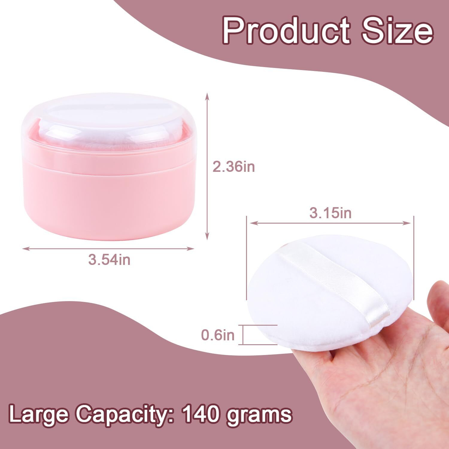 Asunfo 2 Pcs Large Body Powder Puff And Container With Sifter Baby After-Bath Empty Powder Puffs Case Talcum Powder Box For Women Beach Travel Home Pink