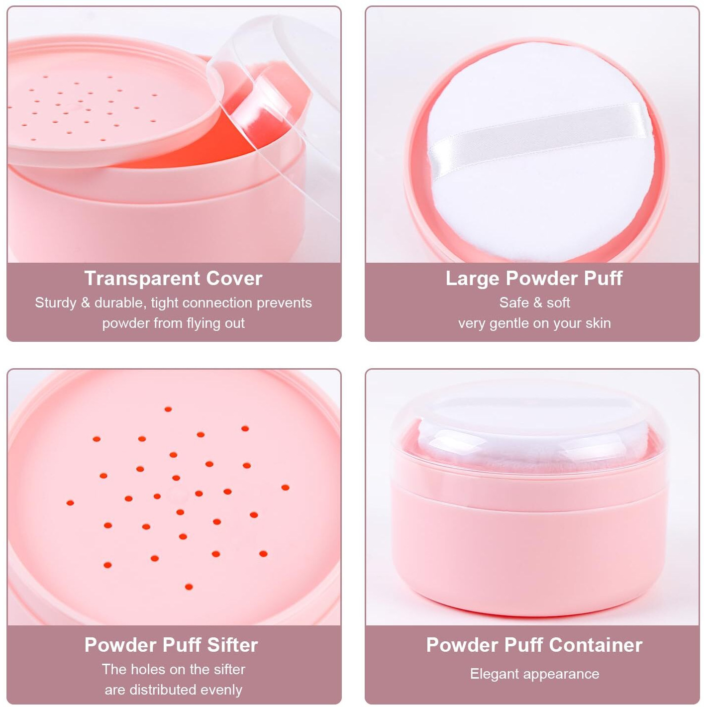 Asunfo 2 Pcs Large Body Powder Puff And Container With Sifter Baby After-Bath Empty Powder Puffs Case Talcum Powder Box For Women Beach Travel Home Pink