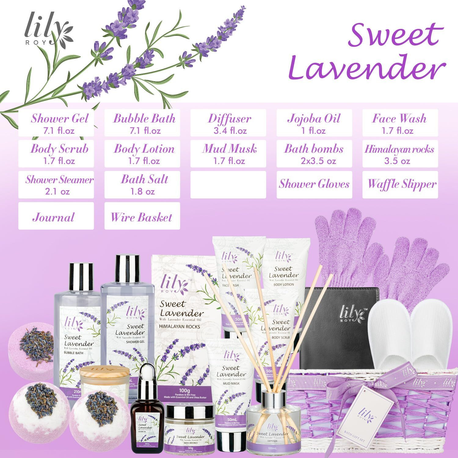 Mothers Day Gift For Mom - Relaxing 18-Piece Bath And Body Basket For Women Lavender Spa Gift Basket Set Bath Collection With Bath Bomb | Christmas, Birthday, Perfect Spa Present For Her All Occasions