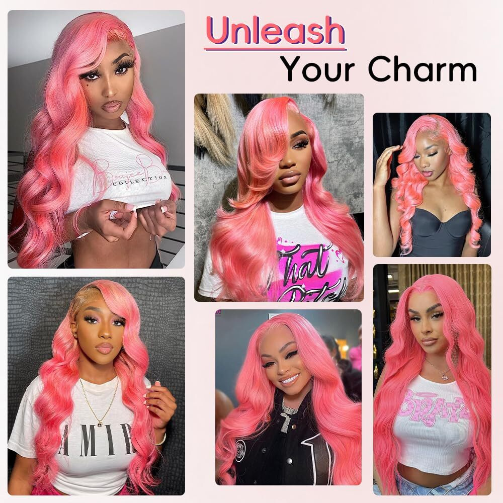 Xiapay Pink Lace Front Wig Human Hair 13X4 Hd Lace Front Wigs Human Hair Pre Plucked Body Wave Pink Human Hair Wig 200% Density Colored Frontal Wigs Human Hair 20 Inch