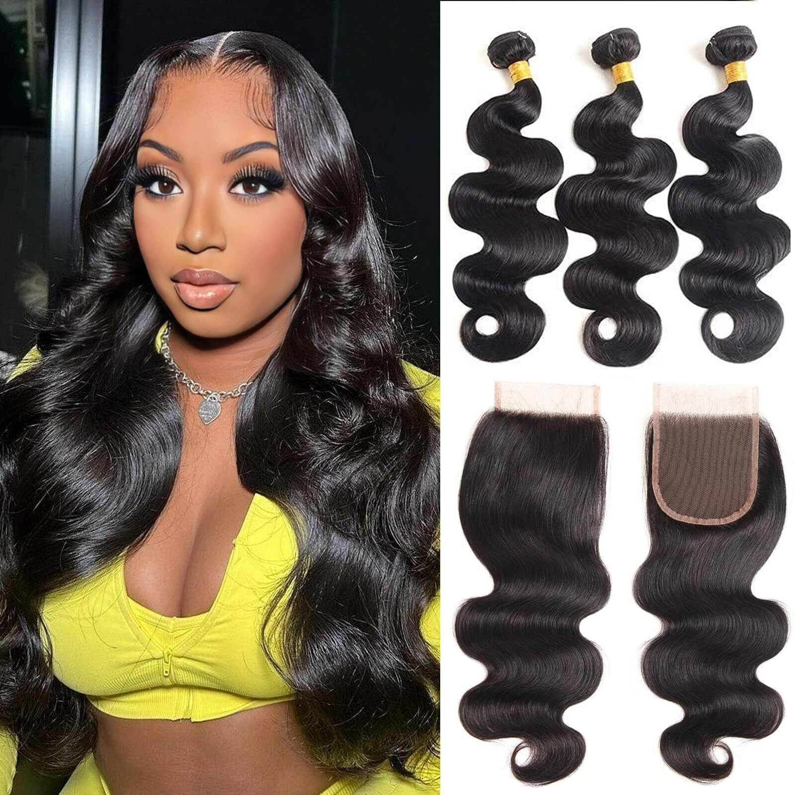 Human Hair Bundles With Closure Body Wave (20 22 24+18) 100% Unprocessed Brazilian Virgin Human Hair Weave Extensions 3 Bundles With 4X4 Hd Transparent Lace Clsoure