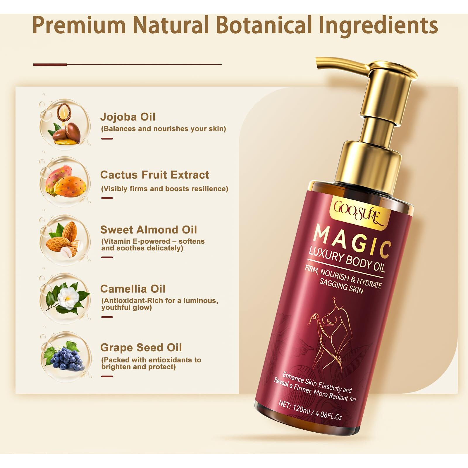 Goosure Magic Body Firming Oil,Deep, Lasting Hydration, 4.06 Fl Oz, Natural Botanicals Firming O Il For Women, Fast-Absorbing With Cactus Extract & Camellia Oil, Vitamin E, Targets Abdomen/Thighs
