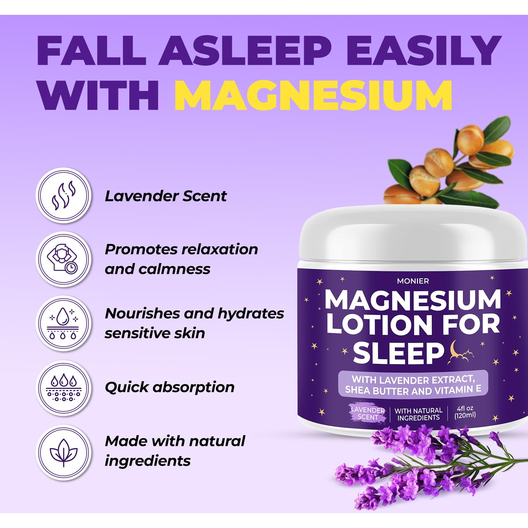 Monier Magnesium Lotion For Sleep - Apply To Legs, Arms Or Chest - Relaxing Magnesium Cream With Lavender, Shea Butter, Aloe Vera - 100% Natural Ingredients - Safe For Kids (4 Oz, Lavender)