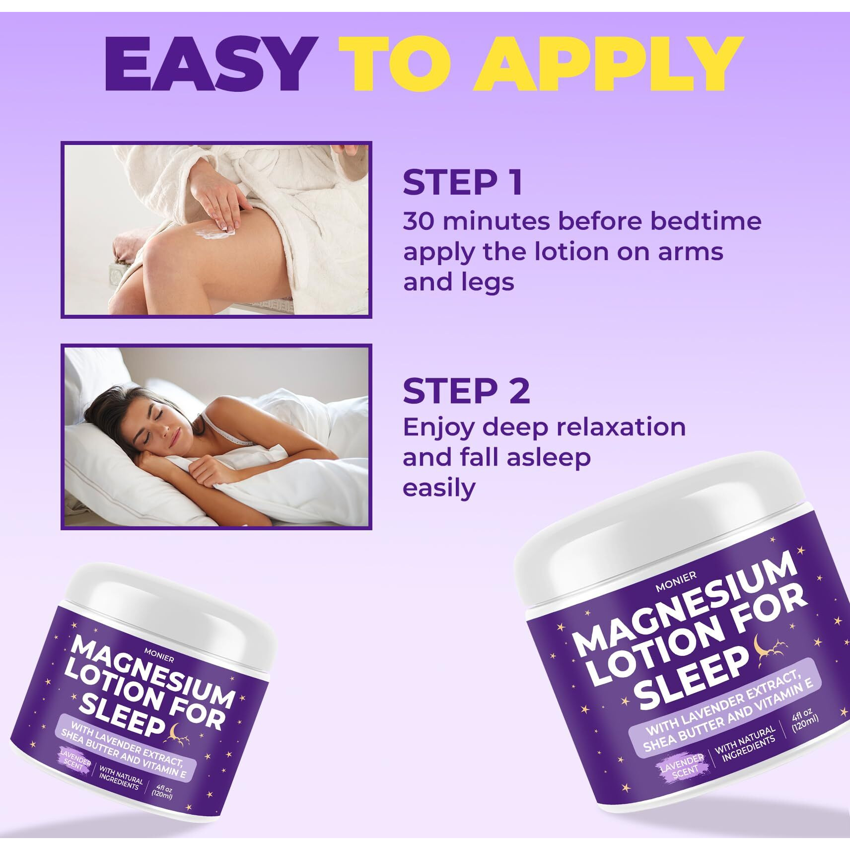 Monier Magnesium Lotion For Sleep - Apply To Legs, Arms Or Chest - Relaxing Magnesium Cream With Lavender, Shea Butter, Aloe Vera - 100% Natural Ingredients - Safe For Kids (4 Oz, Lavender)