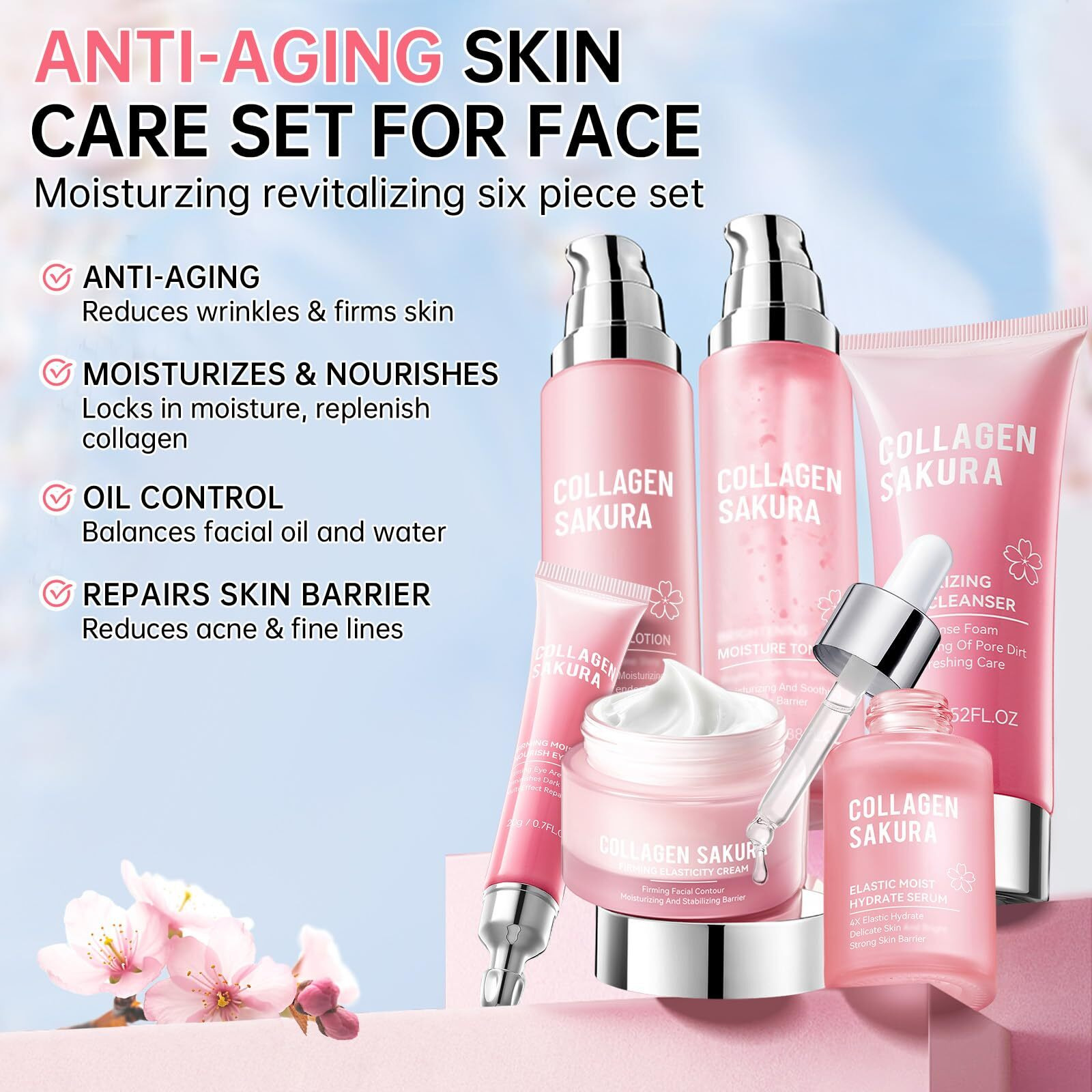 Sakura Skin Care Set For Teen Girls, Cherry Blossom Skincare Gift Set For Teens & Women, Moisturize & Repair Skin, 6 Pcs Collagen Skin Care Kits With Cleanser, Toner, Lotion, Serum, Cream & Eye Cream