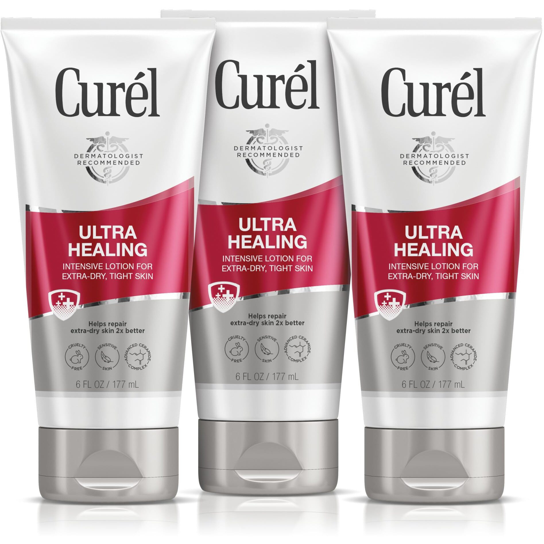 Curel Ultra Healing Intensive Fragrance-Free Lotion For Extra-Dry Skin, Ideal For Sensitive Skin, Cruelty Free, Paraben Free, Dermatologist Recommended, 6 Oz, Pack Of 3